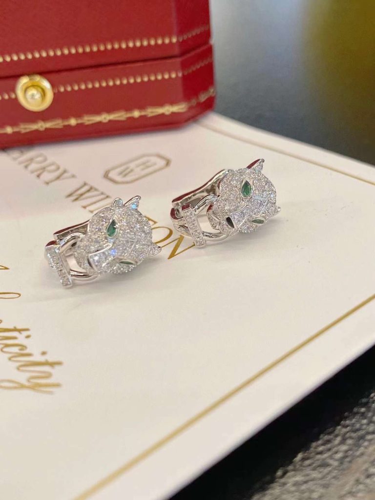 Cartier Earrings Customs 18K White Gold Diamonds Leopard 