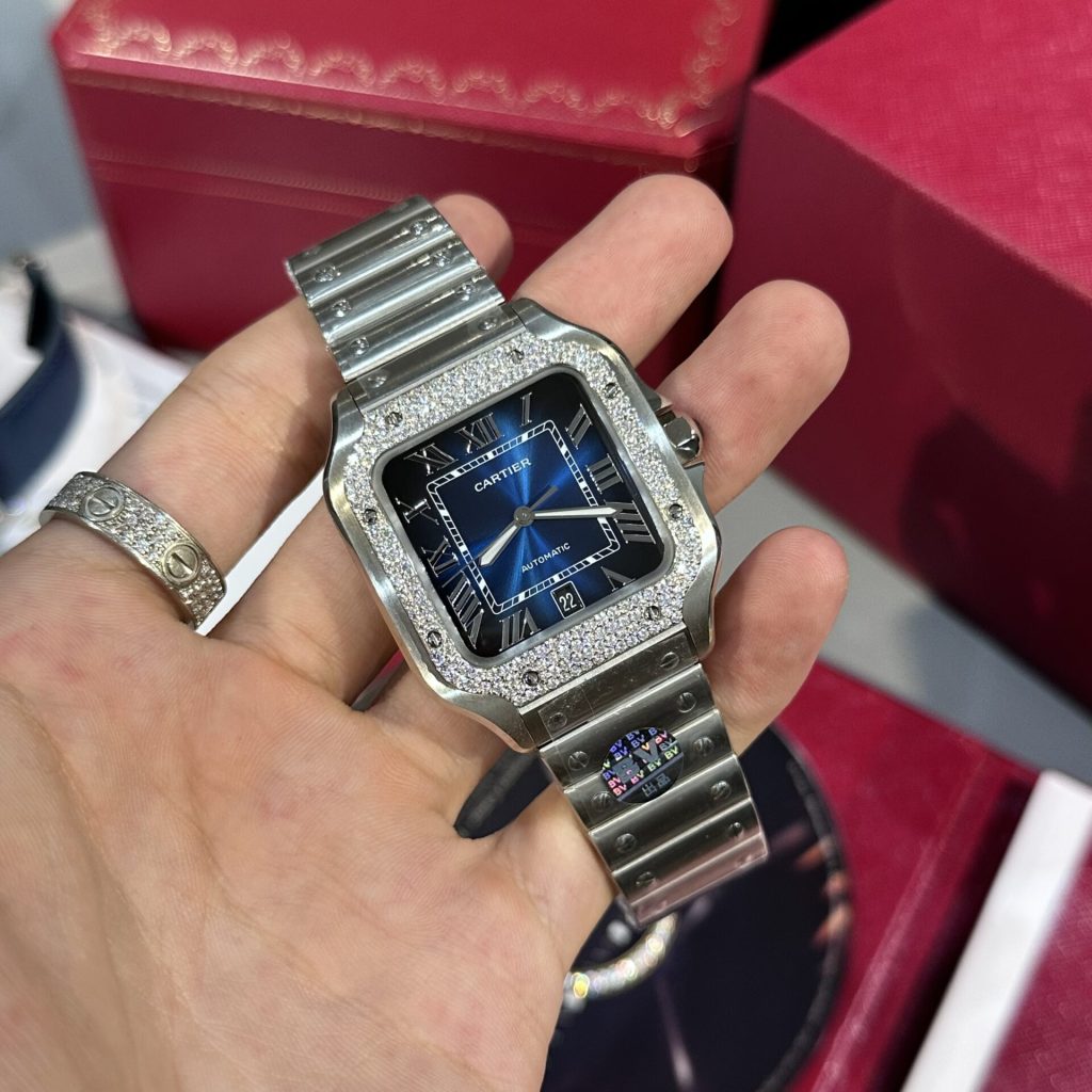 Catier Santos Customs Moissanite Diamonds Bezel Blue Dial BV Factory (2)