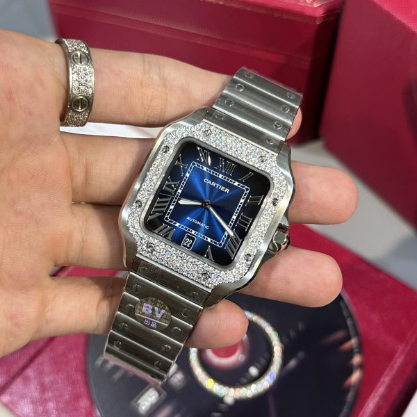 Catier Santos Customs Moissanite Diamonds Bezel Blue Dial BV Factory (2)