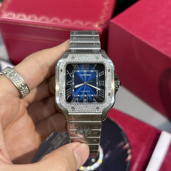 Catier Santos Customs Moissanite Diamonds Bezel Blue Dial BV Factory (2)