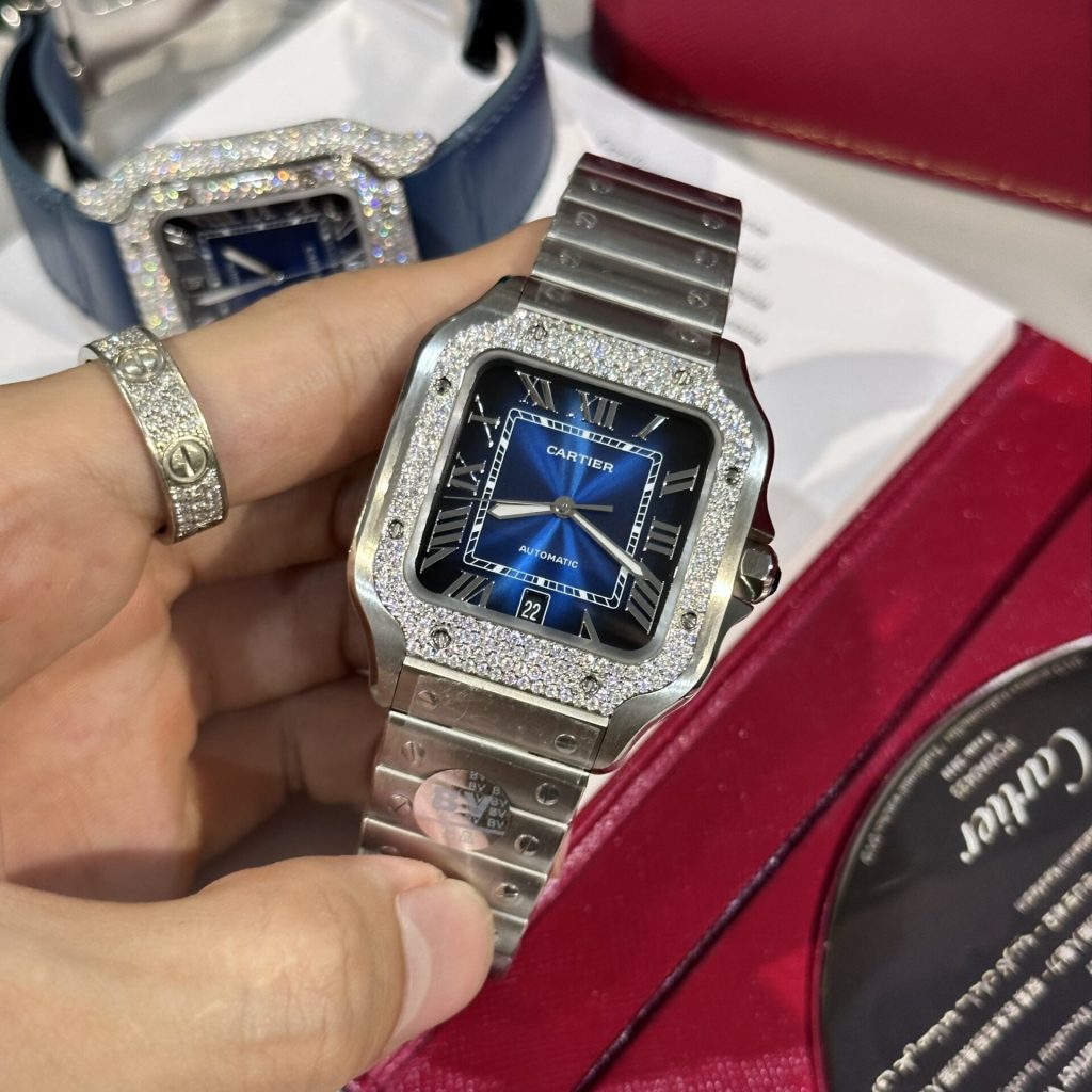 Catier Santos Customs Moissanite Diamonds Bezel Blue Dial BV Factory (2)