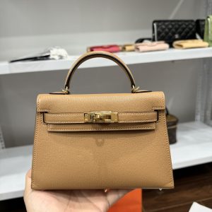 Hermes Kelly Mini Replica Handbags Brown Lock Gold 20cm (2)