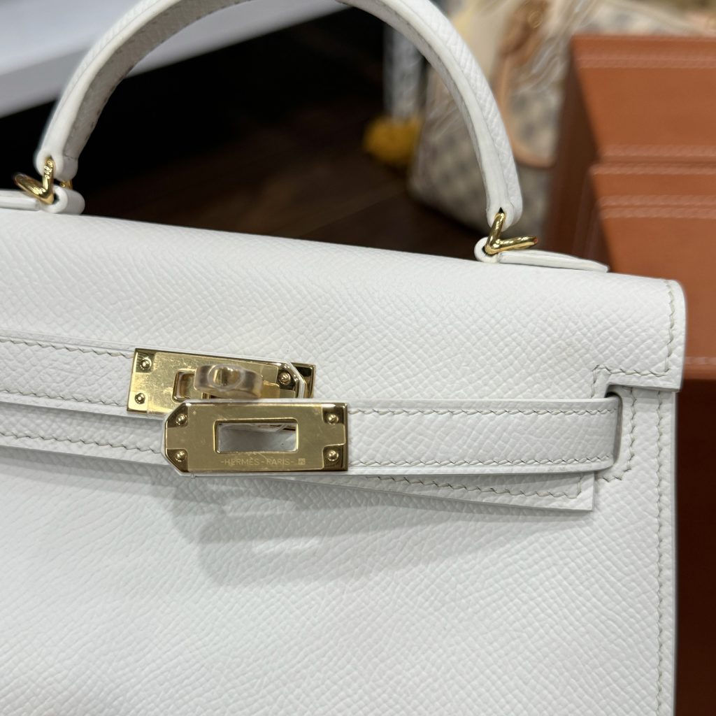 Hermes Kelly Mini Womens White Replica Handbags Lock Gold 20cm (2)