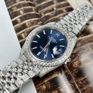 Rolex DateJust Custom Full Moissanite Diamonds Best Replica Watch Blue Dial 41mm (2)