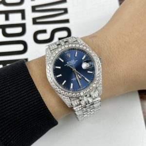 Rolex DateJust Custom Full Moissanite Diamonds Best Replica Watch Blue Dial 41mm (2)