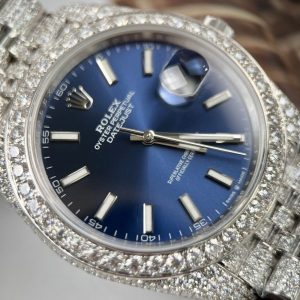 Rolex DateJust Custom Full Moissanite Diamonds Best Replica Watch Blue Dial 41mm (2)