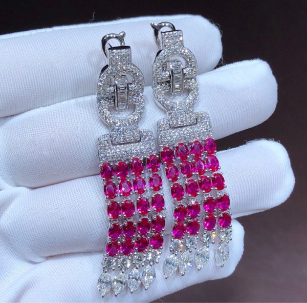 Cartier Earring Custom Natural Diamonds Ruby ​​Stone 18K White Gold (2)