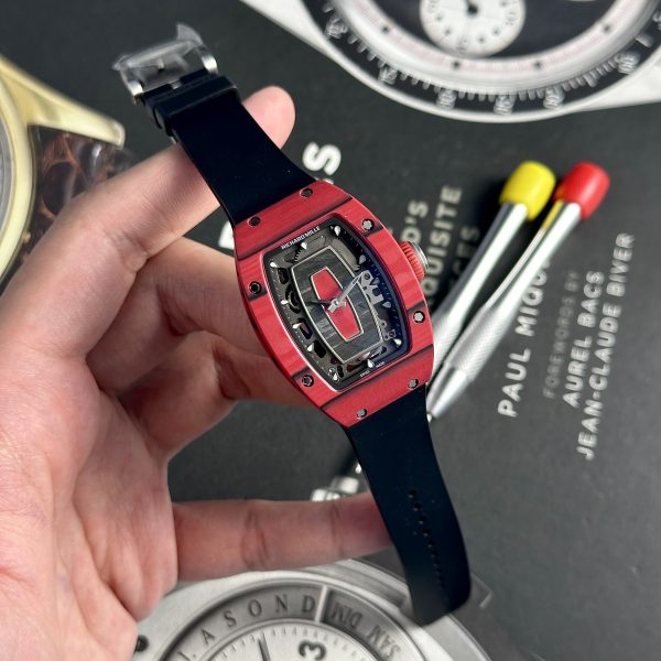 Replica Richard Mille Watch RM07-01 Red Carbon Black Rubber Strap 32x46mm (1)