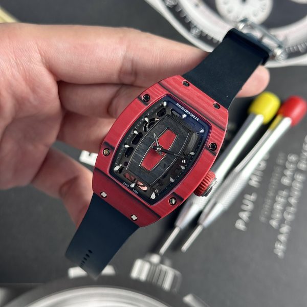 Replica Richard Mille Watch RM07-01 Red Carbon Black Rubber Strap 32x46mm (1)