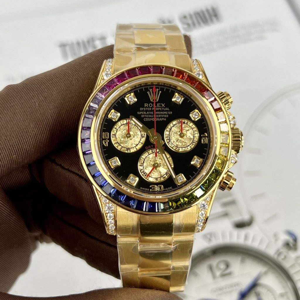 Rolex Daytona Rainbow Best Replica Gold Wrapped Moissanite Ruby Sapphire 40mm (1)