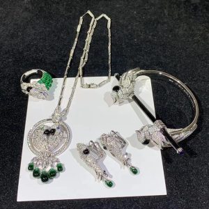 Set Necklace, Bracelet, Earring And Ring Cartier Les Oiseaux Libres Custom Natural Diamond 18K White Gold (2)