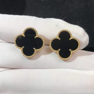 Van Cleef & Arpels Vintage Alhambra Womens Earrings Custom Natural Agate 18K Gold (2)