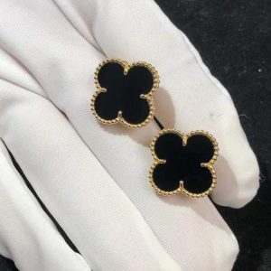Van Cleef & Arpels Vintage Alhambra Womens Earrings Custom Natural Agate 18K Gold (2)