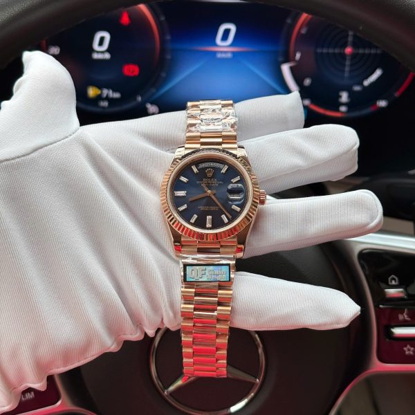 Rolex Day Date Rose Gold Wrapped Blue Dial Best Replica QF Factory 40mm