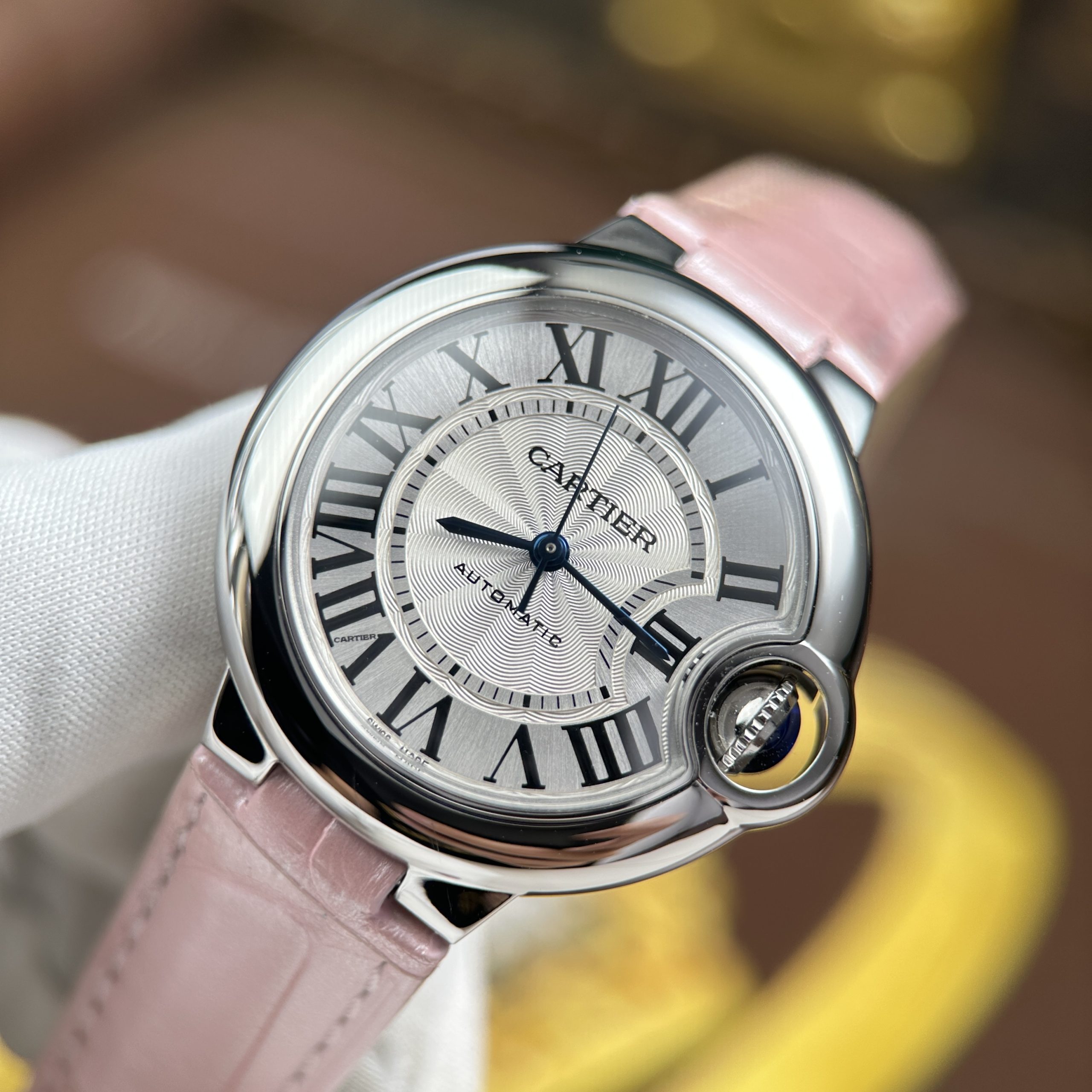 Cartier Ballon Bleu Good Imitation Watch White Dial Pink Leather Strap Automatic AF Factory 33mm (5)