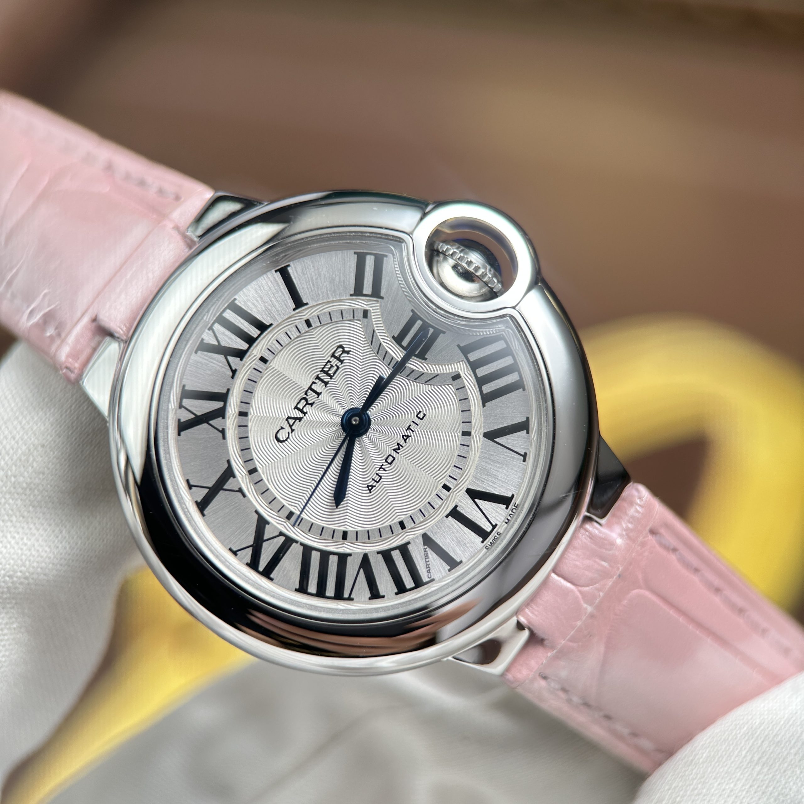 Cartier Ballon Bleu Good Imitation Watch White Dial Pink Leather Strap Automatic AF Factory 33mm (6)