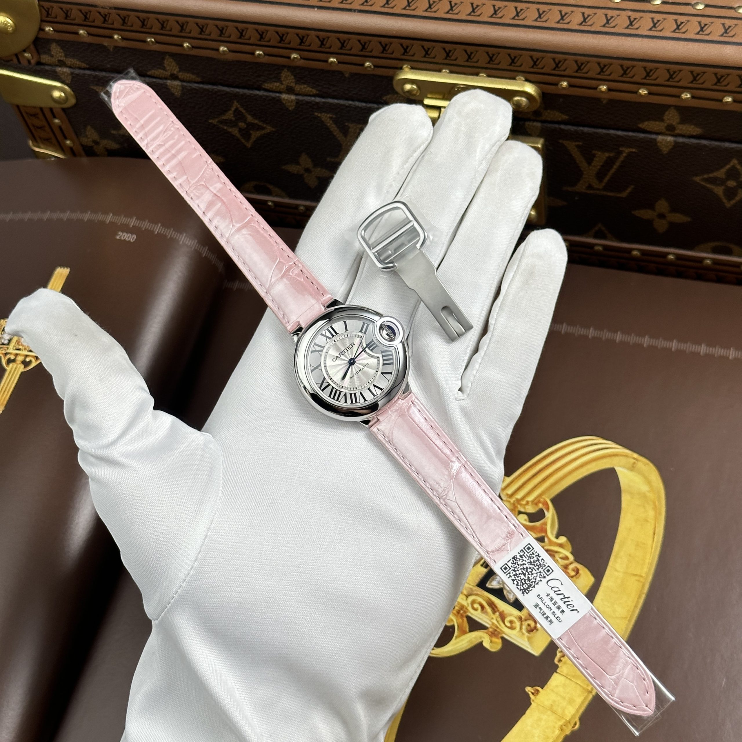 Cartier Ballon Bleu Good Imitation Watch White Dial Pink Leather Strap Automatic AF Factory 33mm (8)