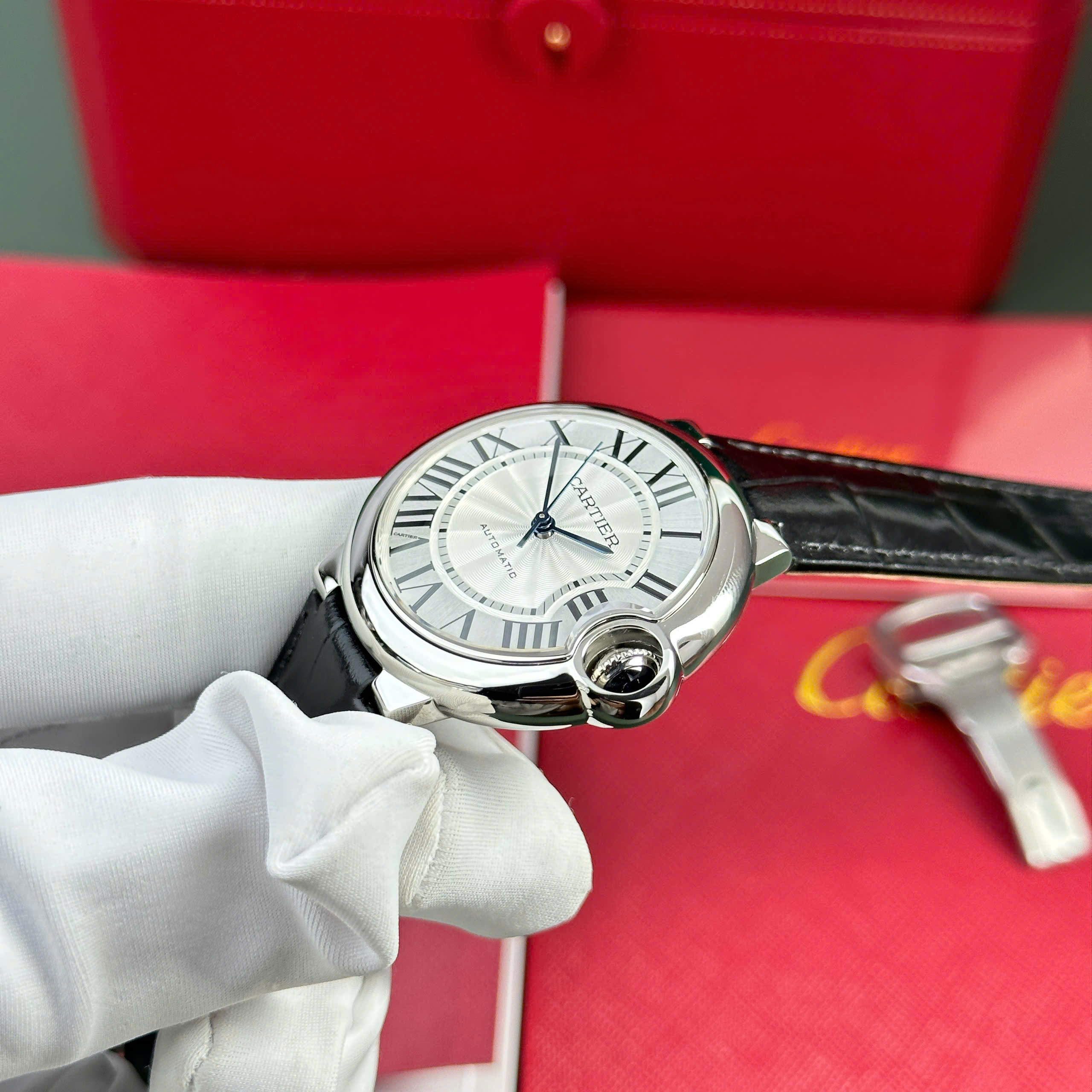 Cartier Ballon Bleu Knock Off Watch White Dial Black Leather Strap Automatic AF Factory 33mm (4)