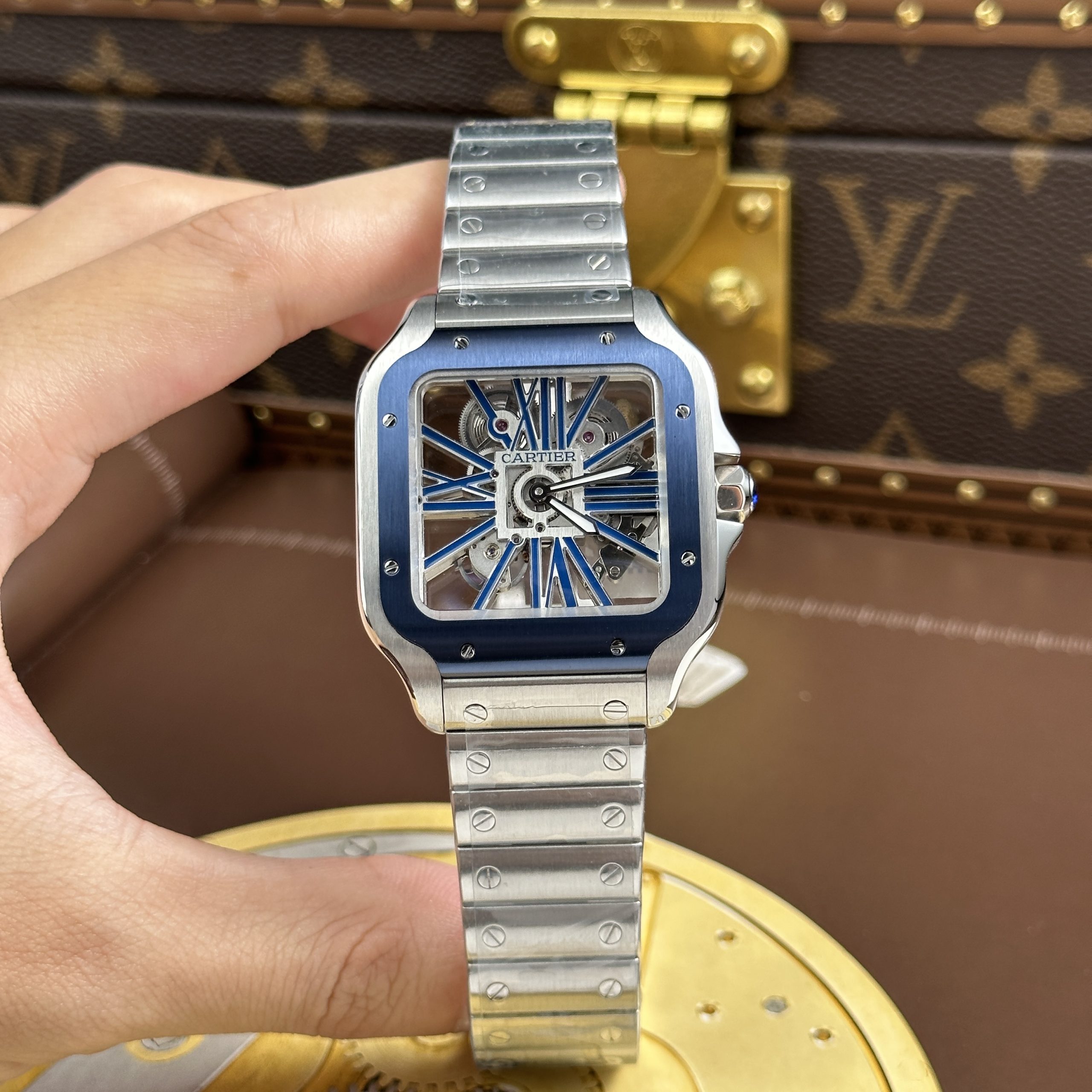 Cartier Santos Best Quality Replca Watch Blue Skeleton Dial Stainless Steel Manual Winding 39 (1)