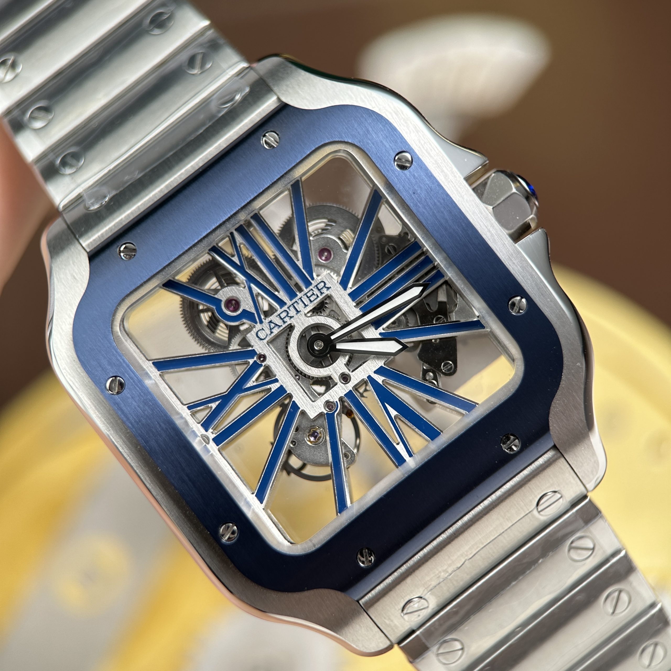 Cartier Santos Best Quality Replca Watch Blue Skeleton Dial Stainless Steel Manual Winding 39 (15)