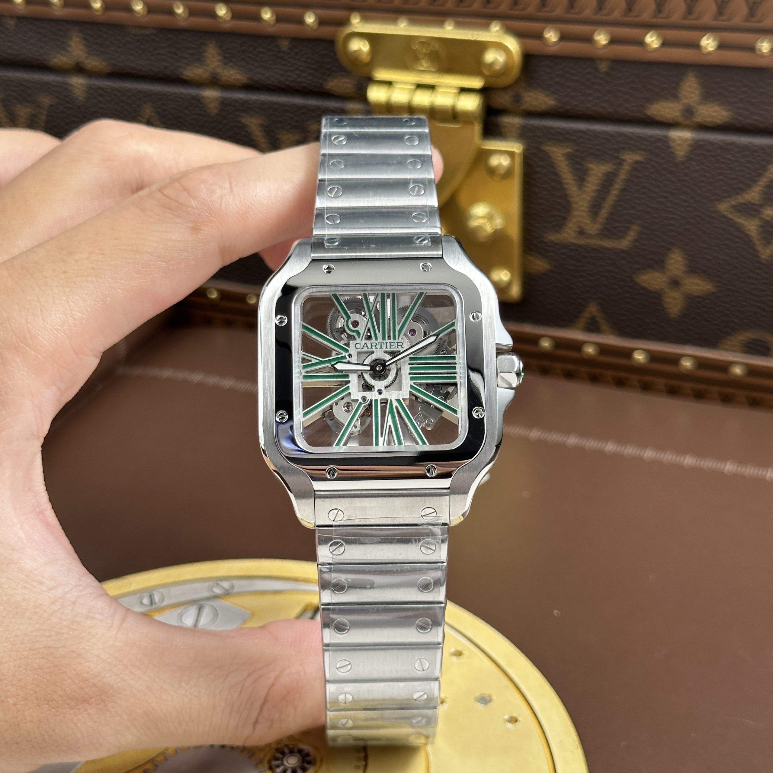 Cartier Santos Imitation Watches Green Skeleton Dial Stainless Steel 39 (1)