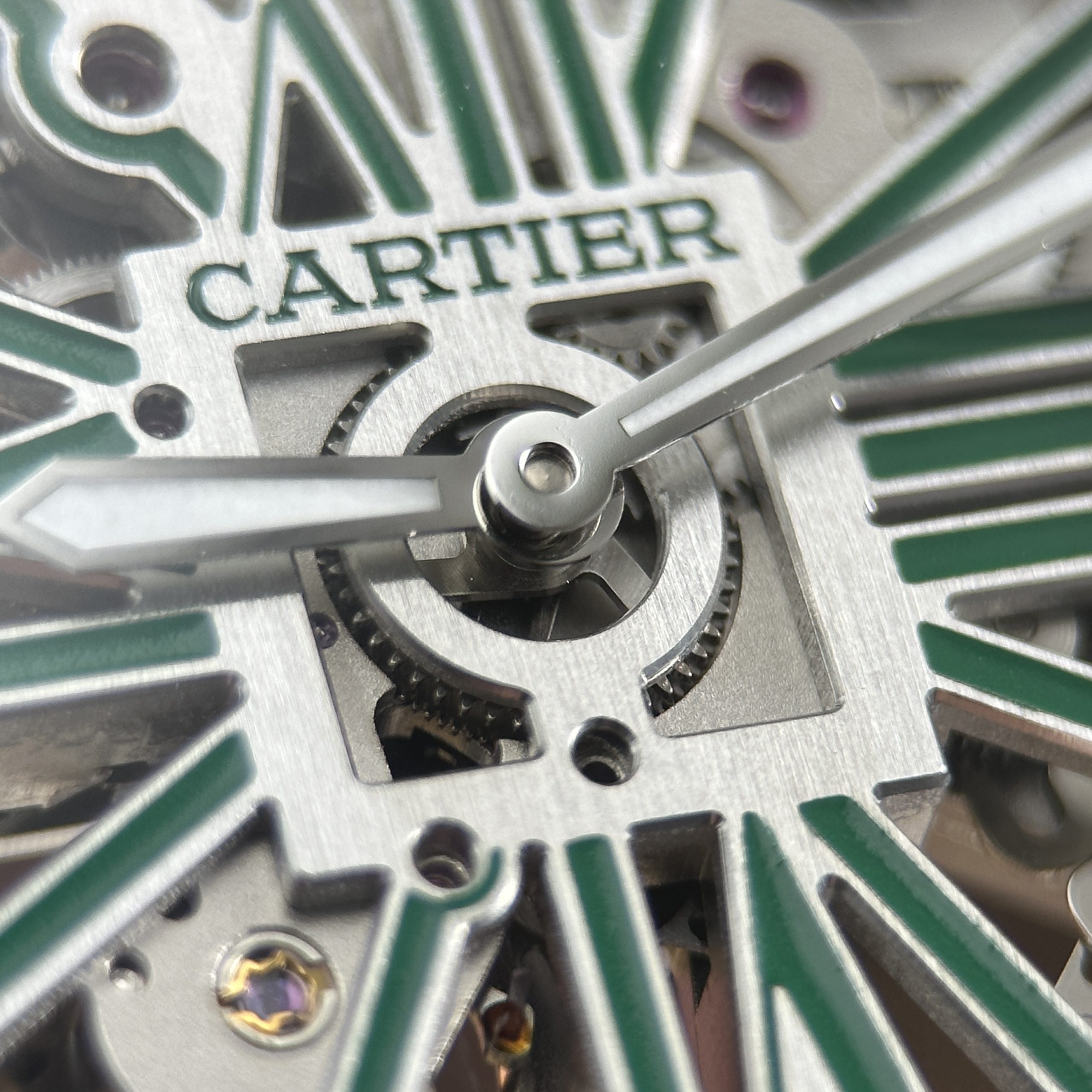 Cartier Santos Imitation Watches Green Skeleton Dial Stainless Steel 39 (12)