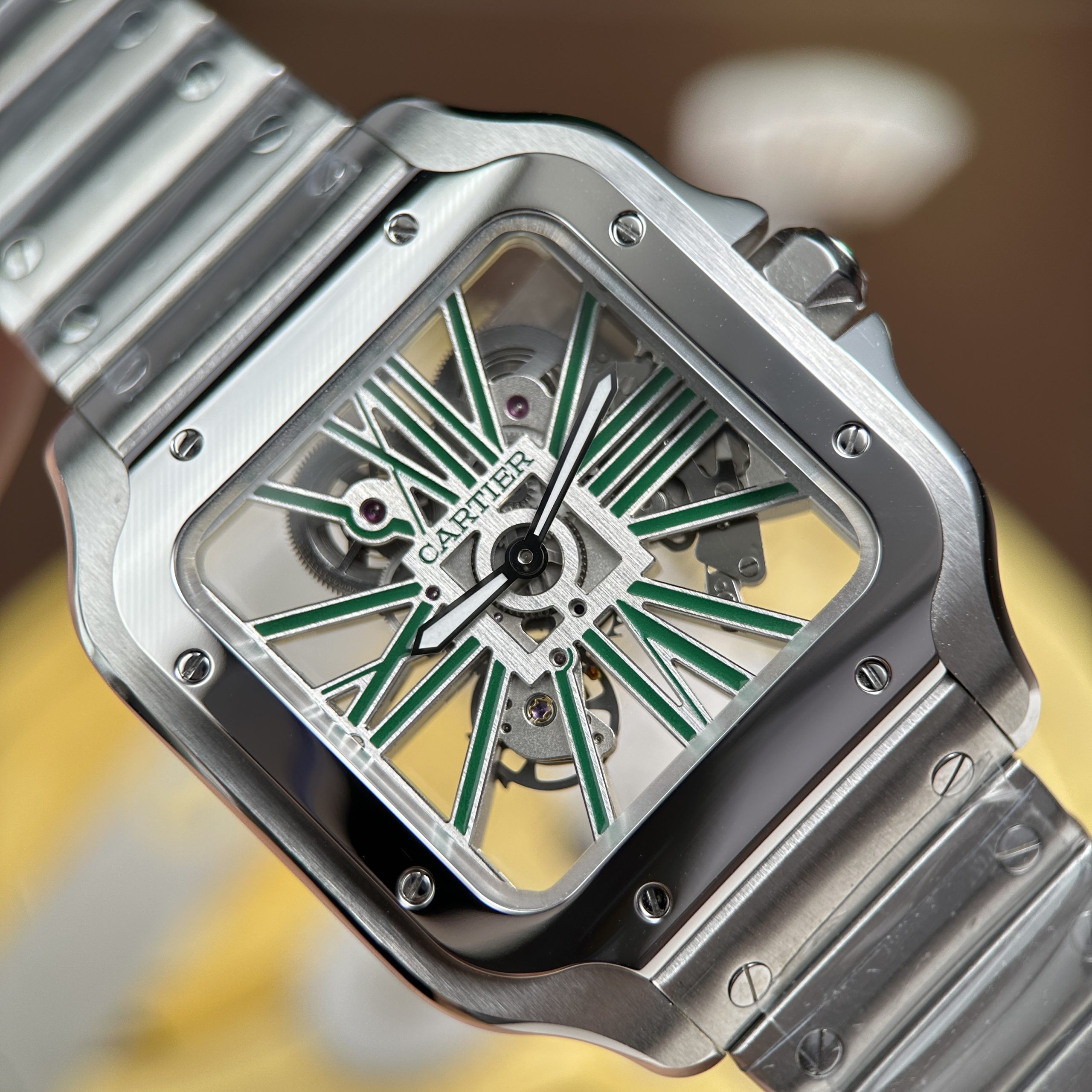 Cartier Santos Imitation Watches Green Skeleton Dial Stainless Steel 39 (13)