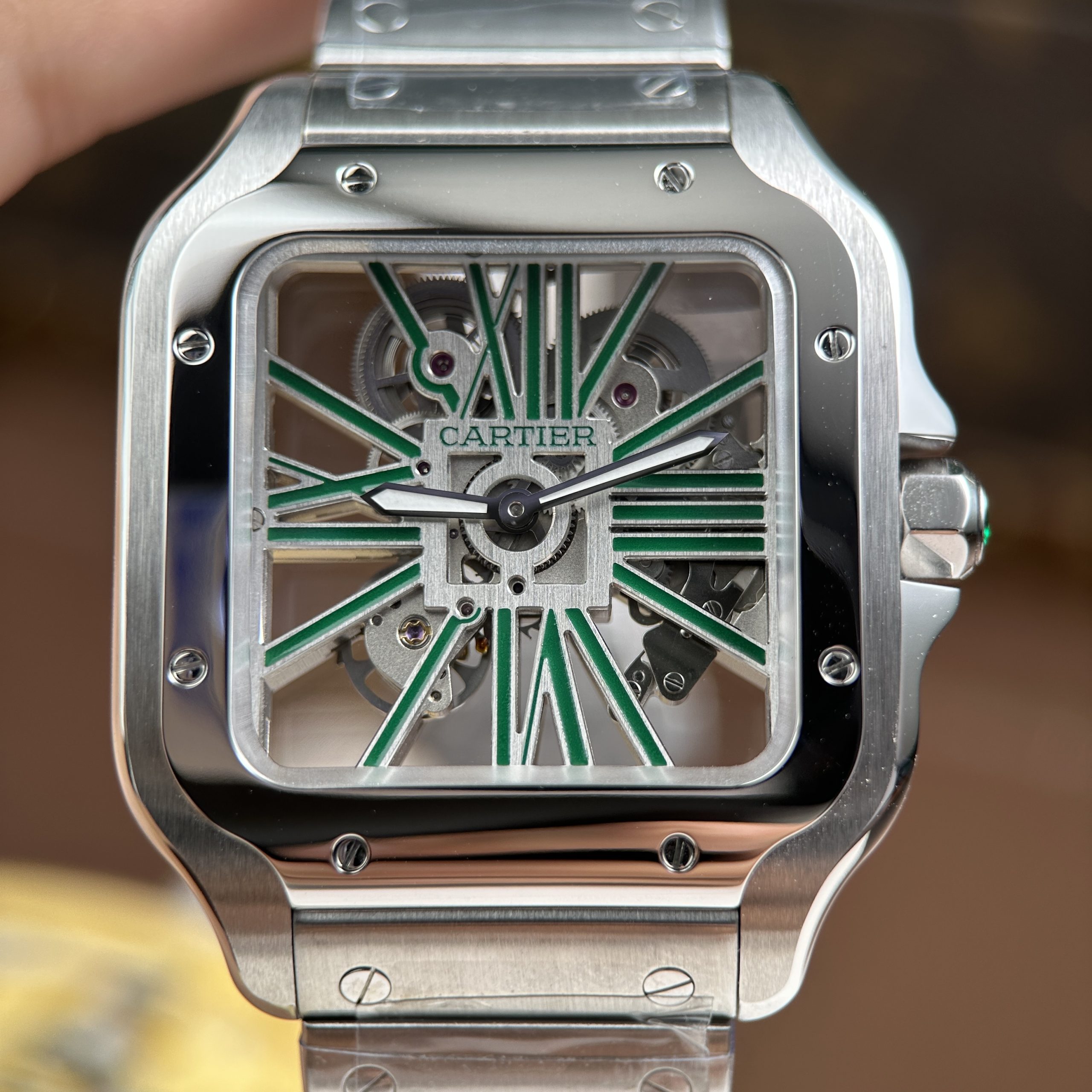 Cartier Santos Imitation Watches Green Skeleton Dial Stainless Steel 39 (14)