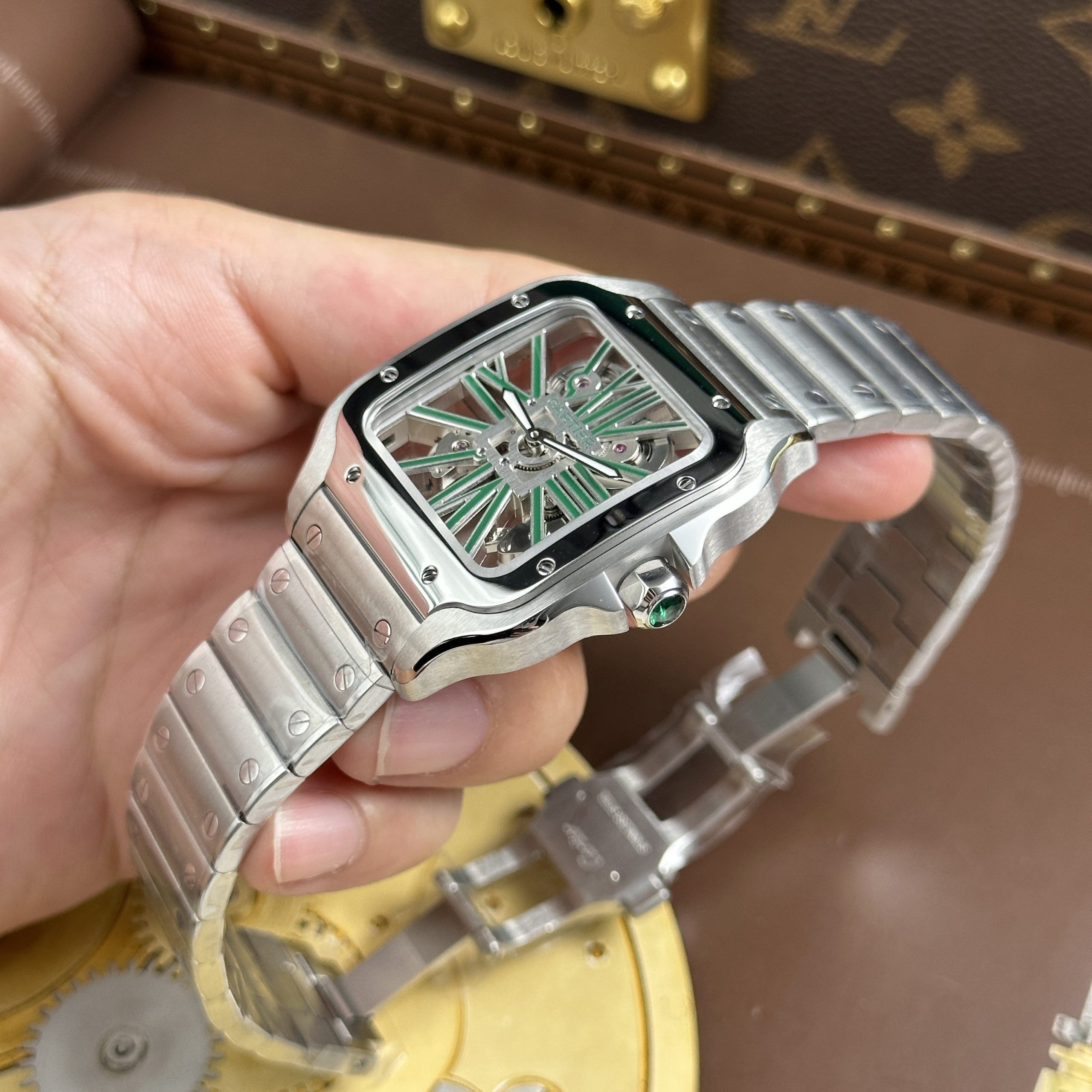 Cartier Santos Imitation Watches Green Skeleton Dial Stainless Steel 39 (15)