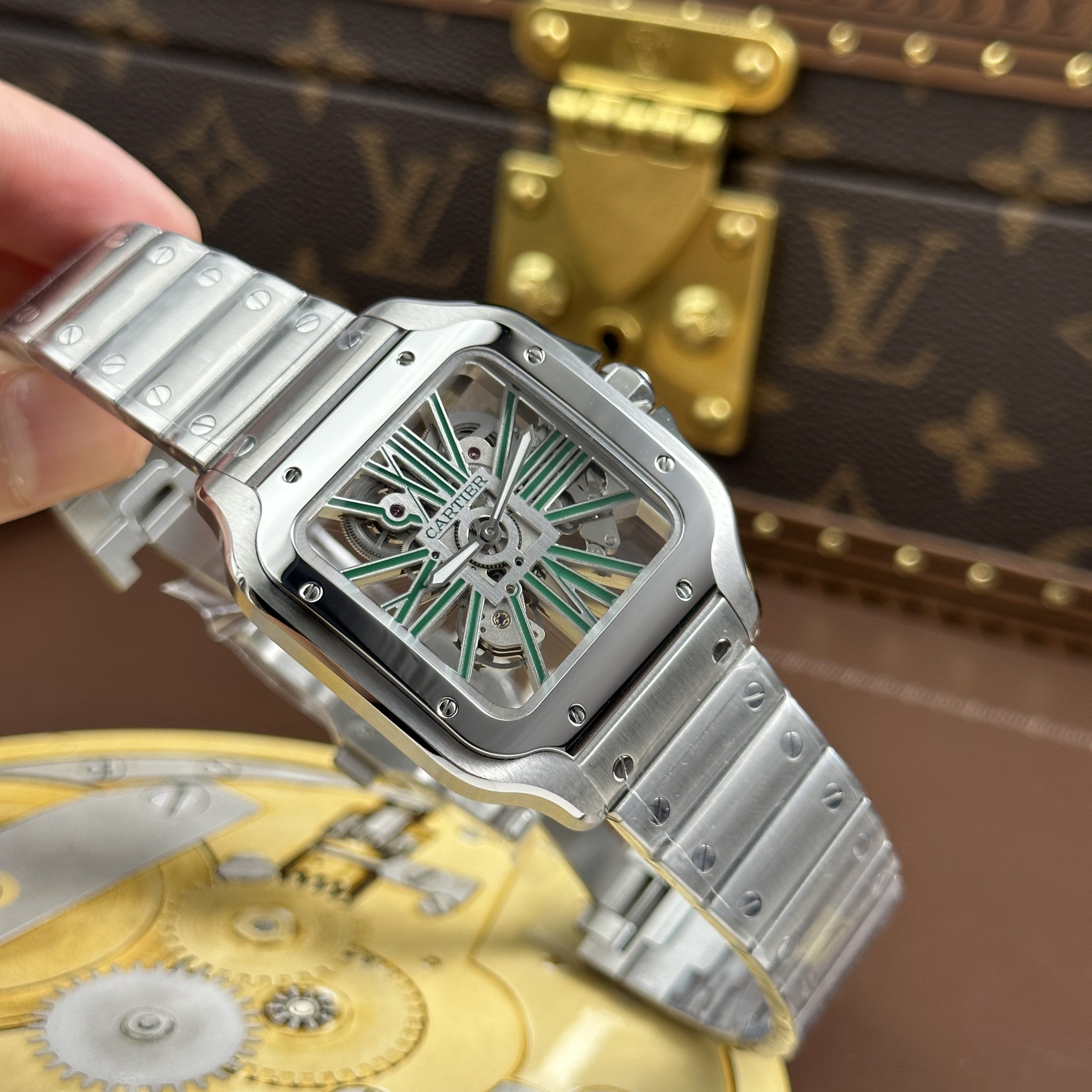 Cartier Santos Imitation Watches Green Skeleton Dial Stainless Steel 39 (16)