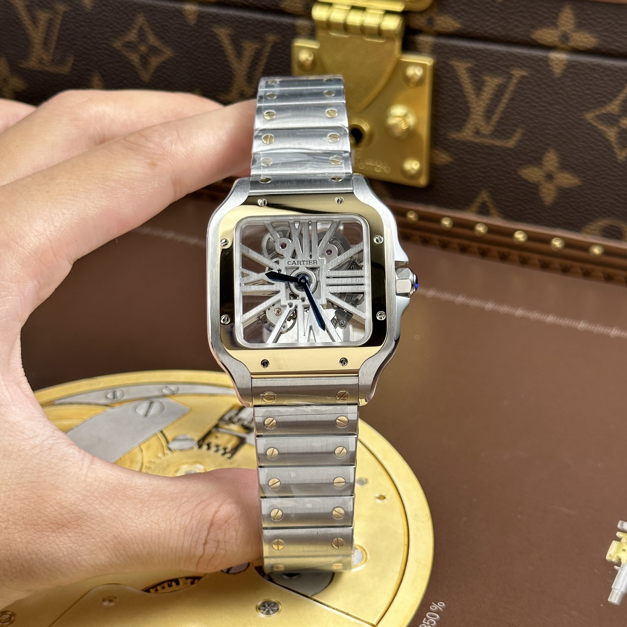 Cartier Santos Luxury Imitation Watch Two Tone Rose Gold Plate White Skeleton Dial Stainless Steel 39 (1)