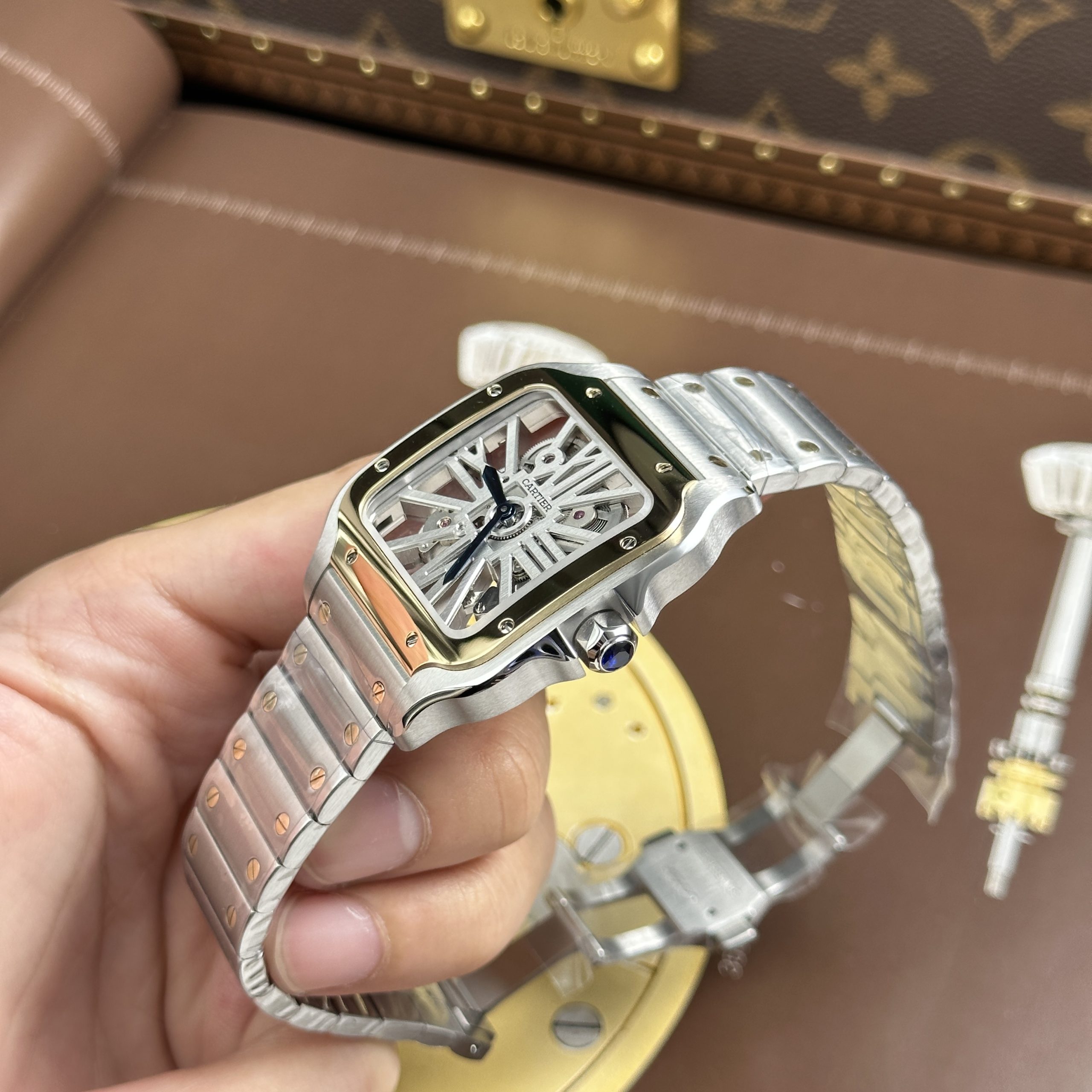 Cartier Santos Luxury Imitation Watch Two Tone Rose Gold Plate White Skeleton Dial Stainless Steel 39 (17)