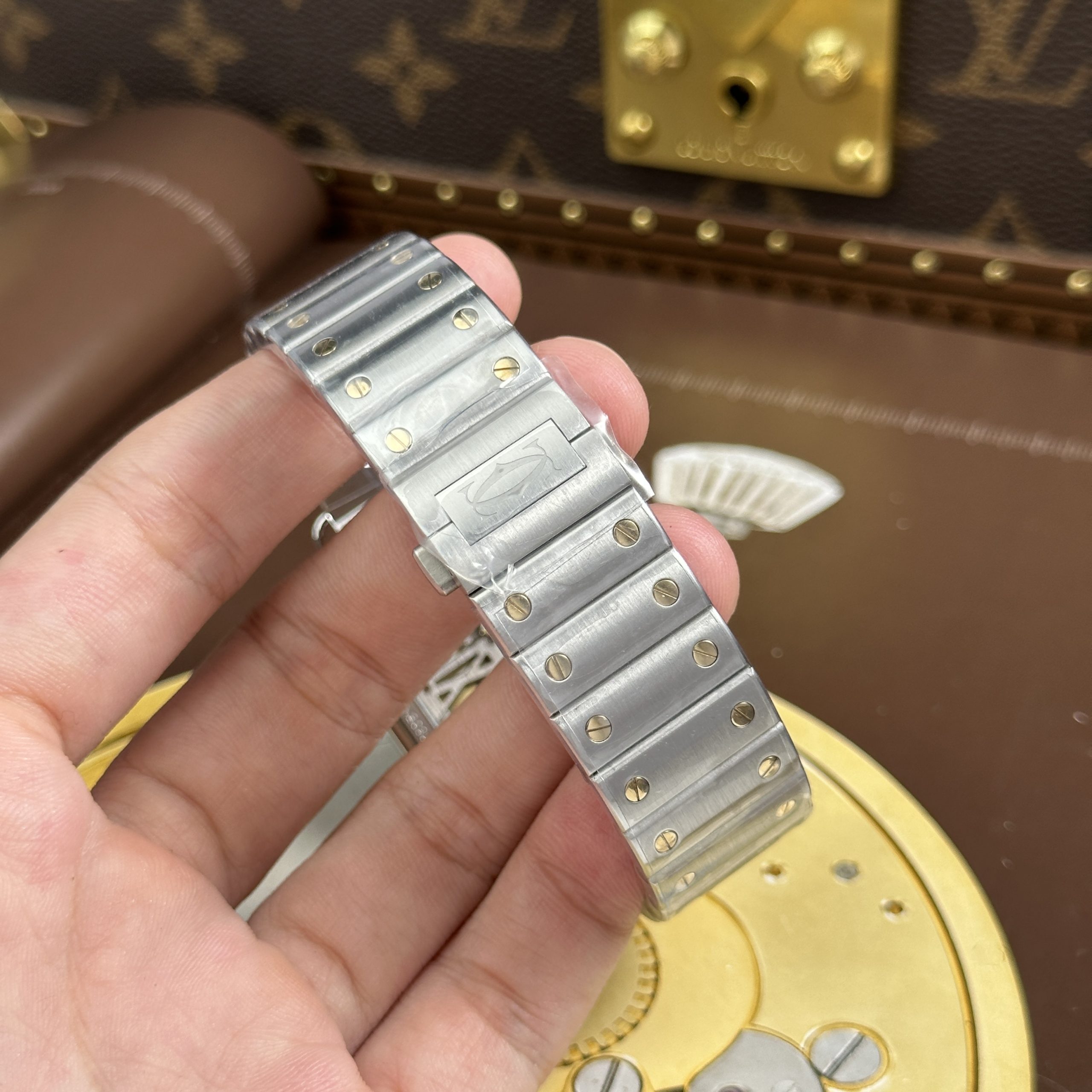 Cartier Santos Luxury Imitation Watch Two Tone Rose Gold Plate White Skeleton Dial Stainless Steel 39 (3)