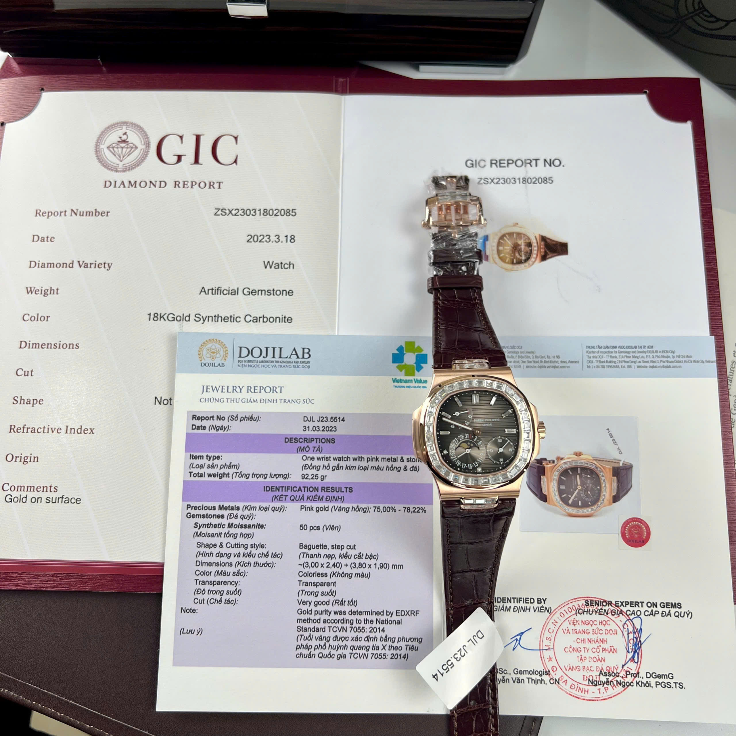 Patek Philippe Nautilus 5724R Best Replica Watch Gold 18K Wrapped Bezel Diamond Moissanite Baguette Grey Dial Leather Strap 40mm (1)