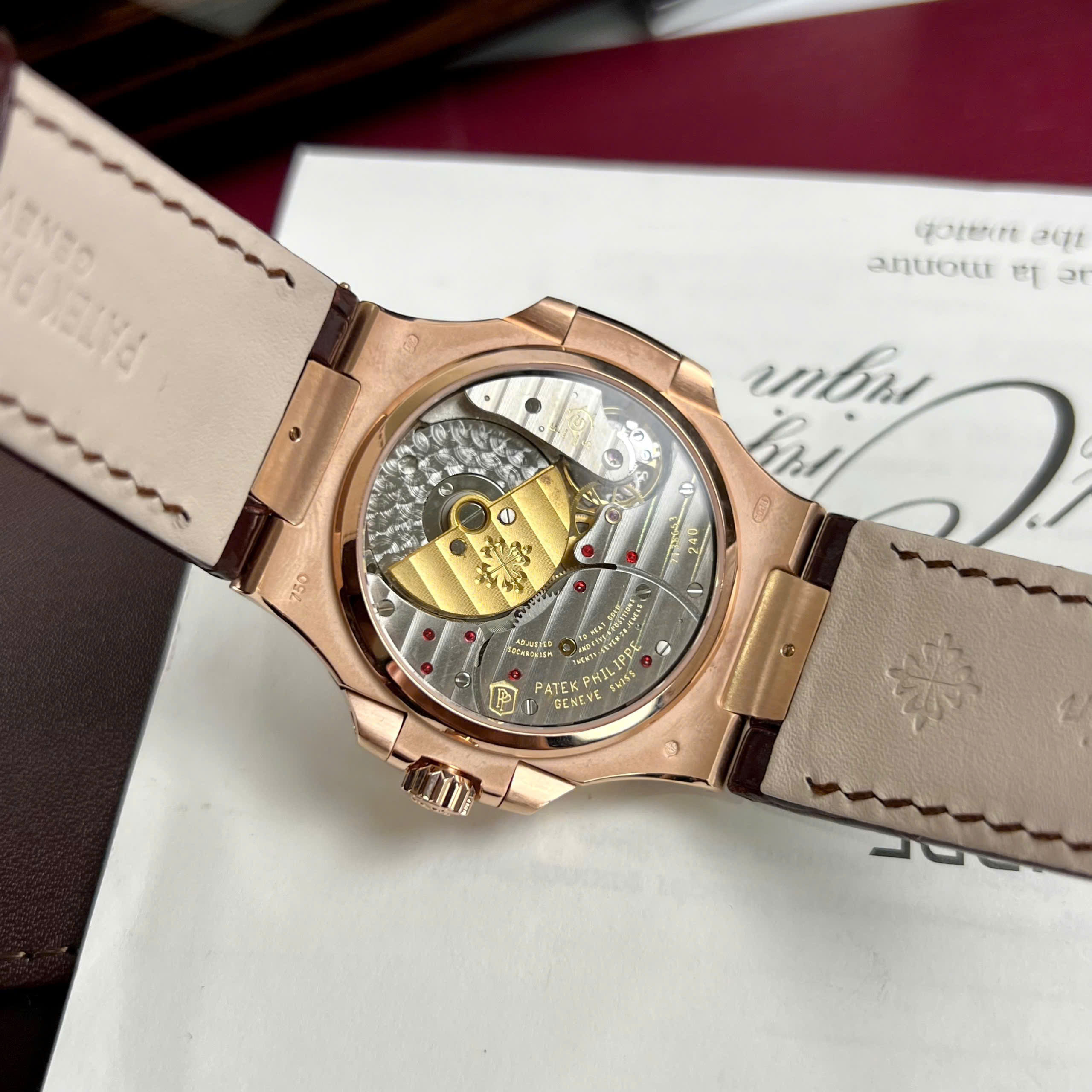 Patek Philippe Nautilus 5724R Best Replica Watch Gold 18K Wrapped Bezel Diamond Moissanite Baguette Grey Dial Leather Strap 40mm (3)