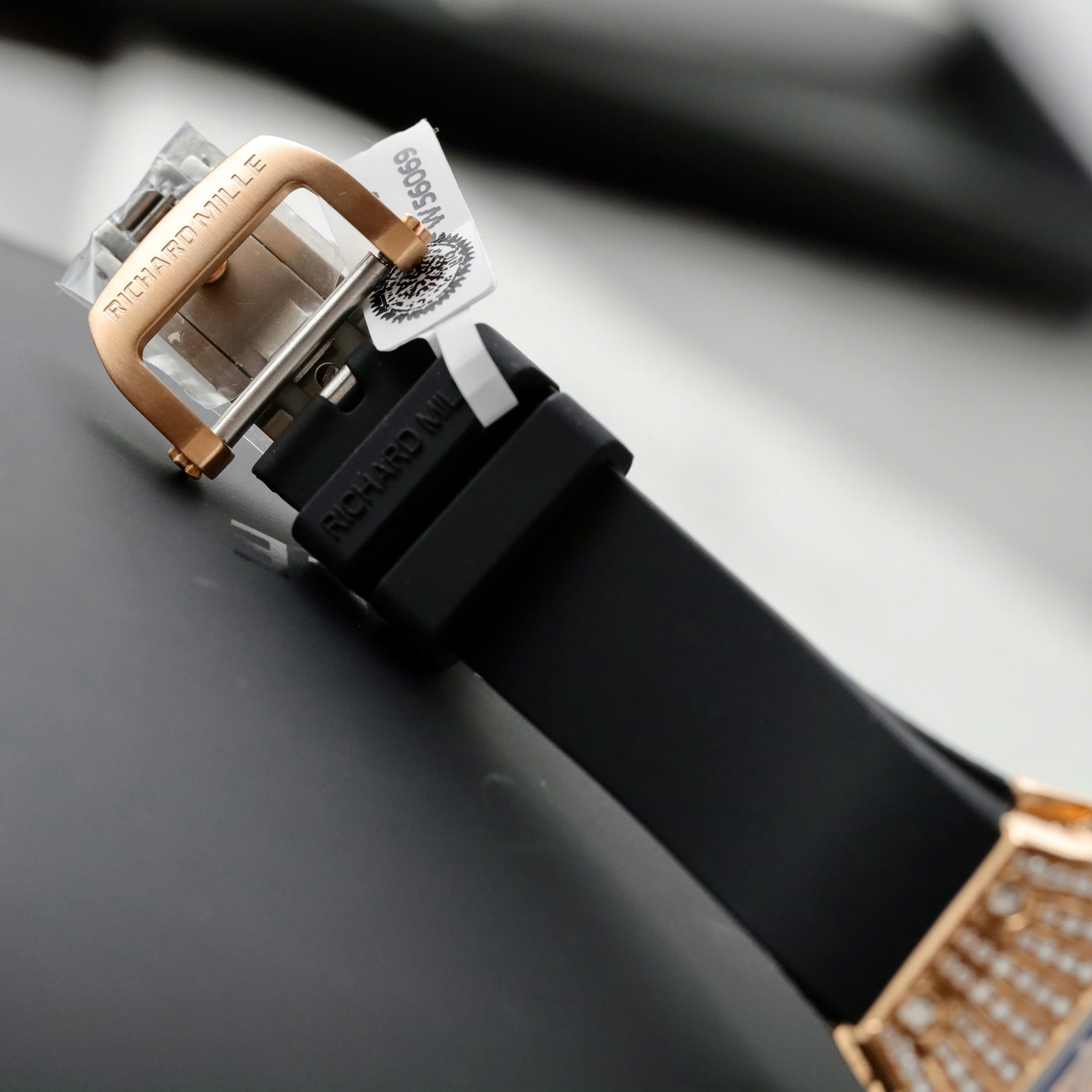 Richard Mille RM07 Imitation Watch 18K Gold Wrapped Diamond Moissanite Bezel Red Dial Black Rubber Strap 36mm (1)