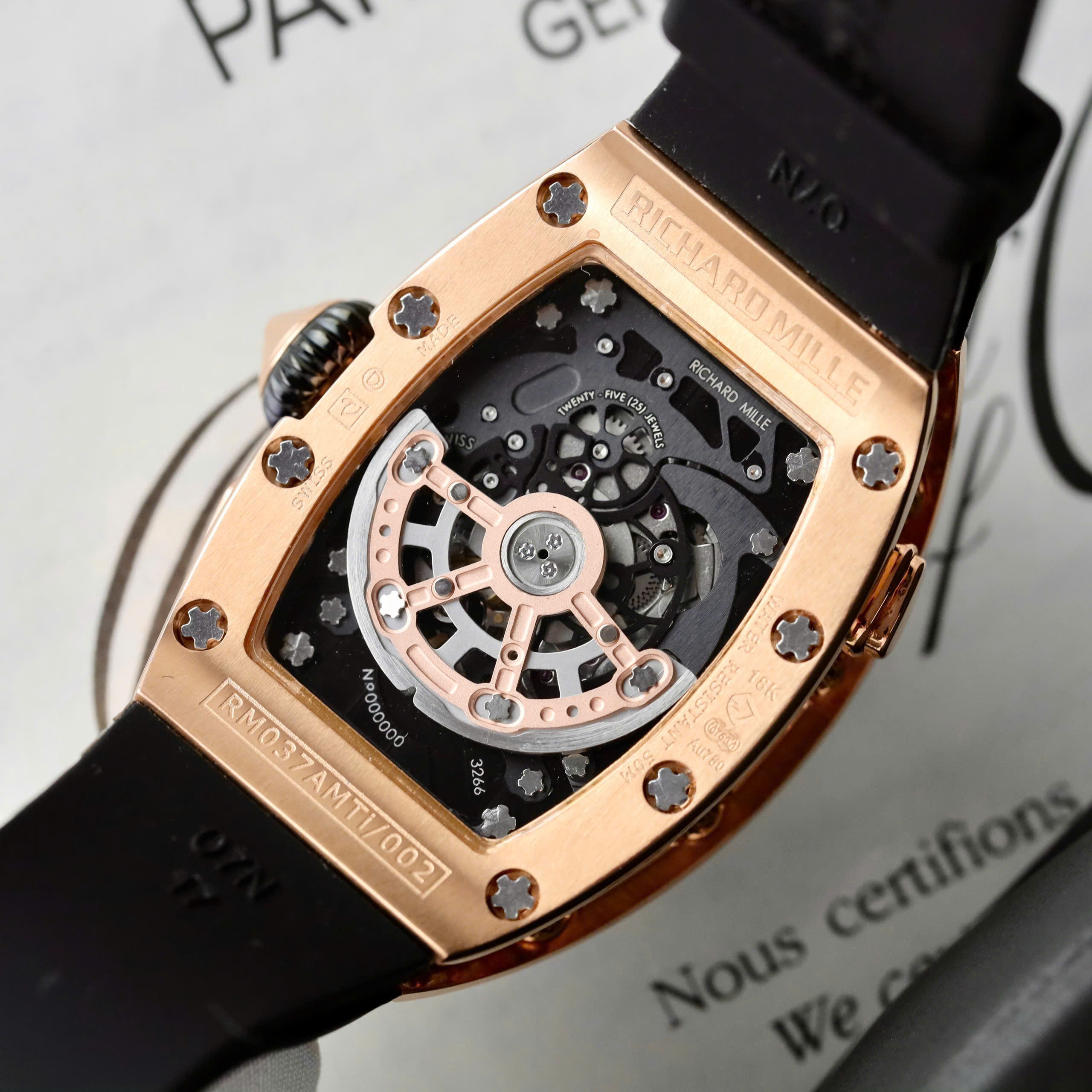 Richard Mille RM07 Imitation Watch 18K Gold Wrapped Diamond Moissanite Bezel Red Dial Black Rubber Strap 36mm (2)