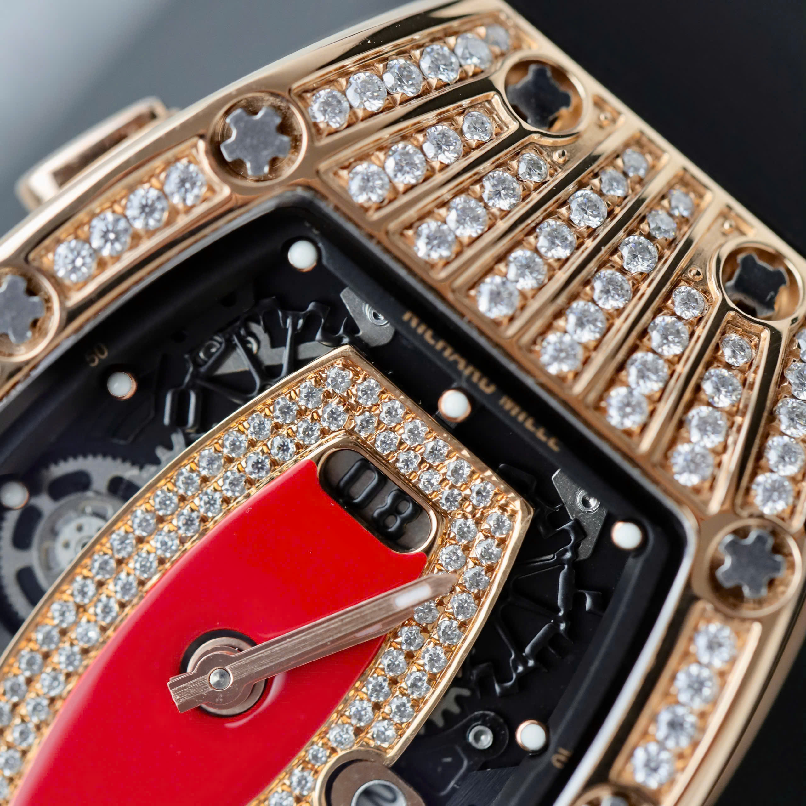 Richard Mille RM07 Imitation Watch 18K Gold Wrapped Diamond Moissanite Bezel Red Dial Black Rubber Strap 36mm (5)