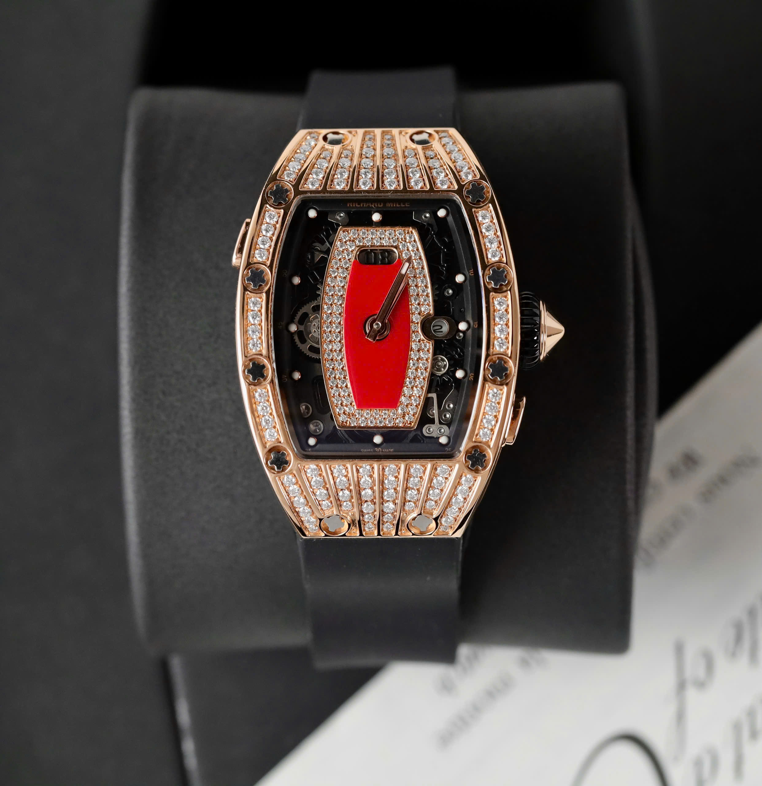 Richard Mille RM07 Imitation Watch 18K Gold Wrapped Diamond Moissanite Bezel Red Dial Black Rubber Strap 36mm (7)