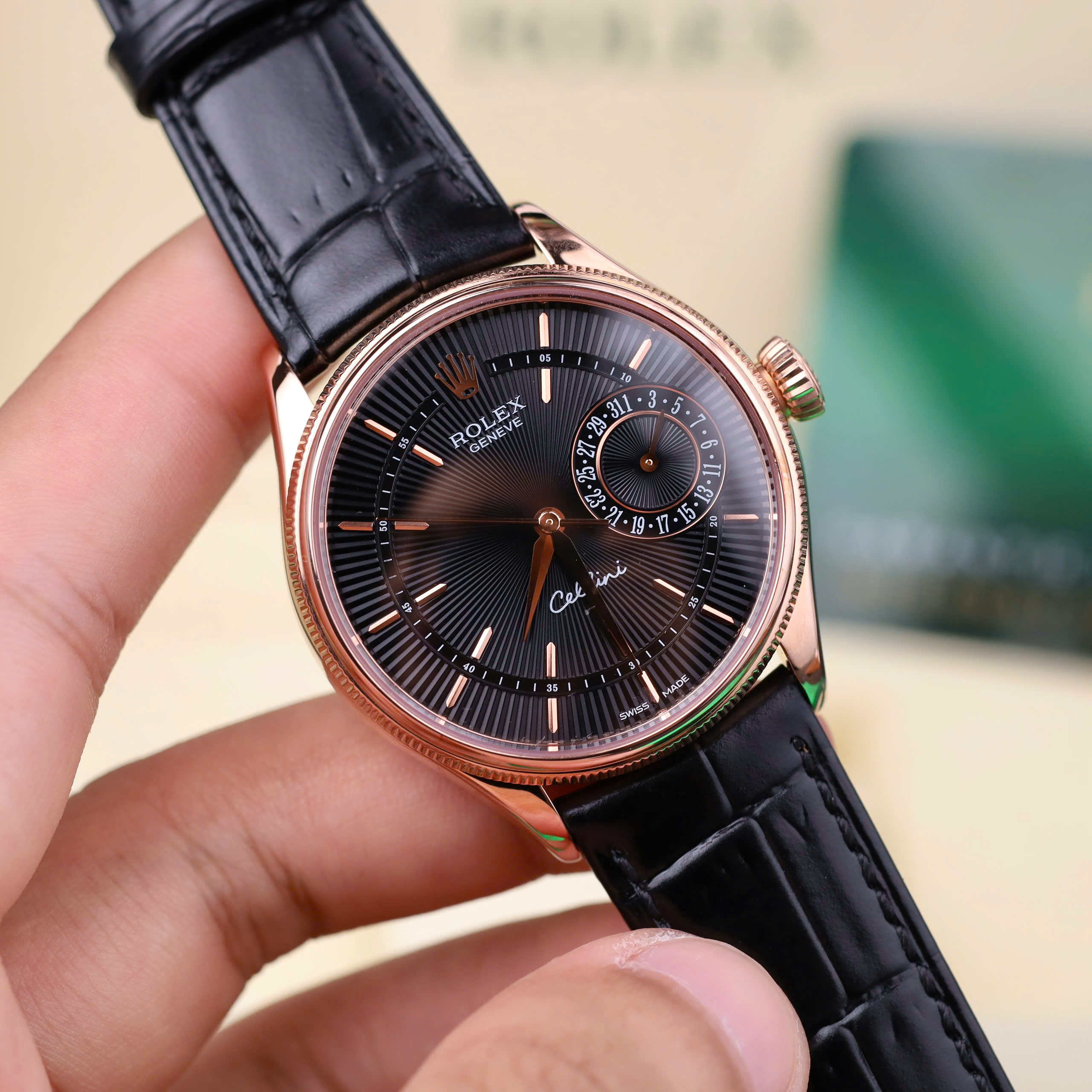 Rolex Cellini Date 50515-0010 High End Replica Watch Rose Gold Wrapped Black Brown Dial Leather Strap 39mm (6)