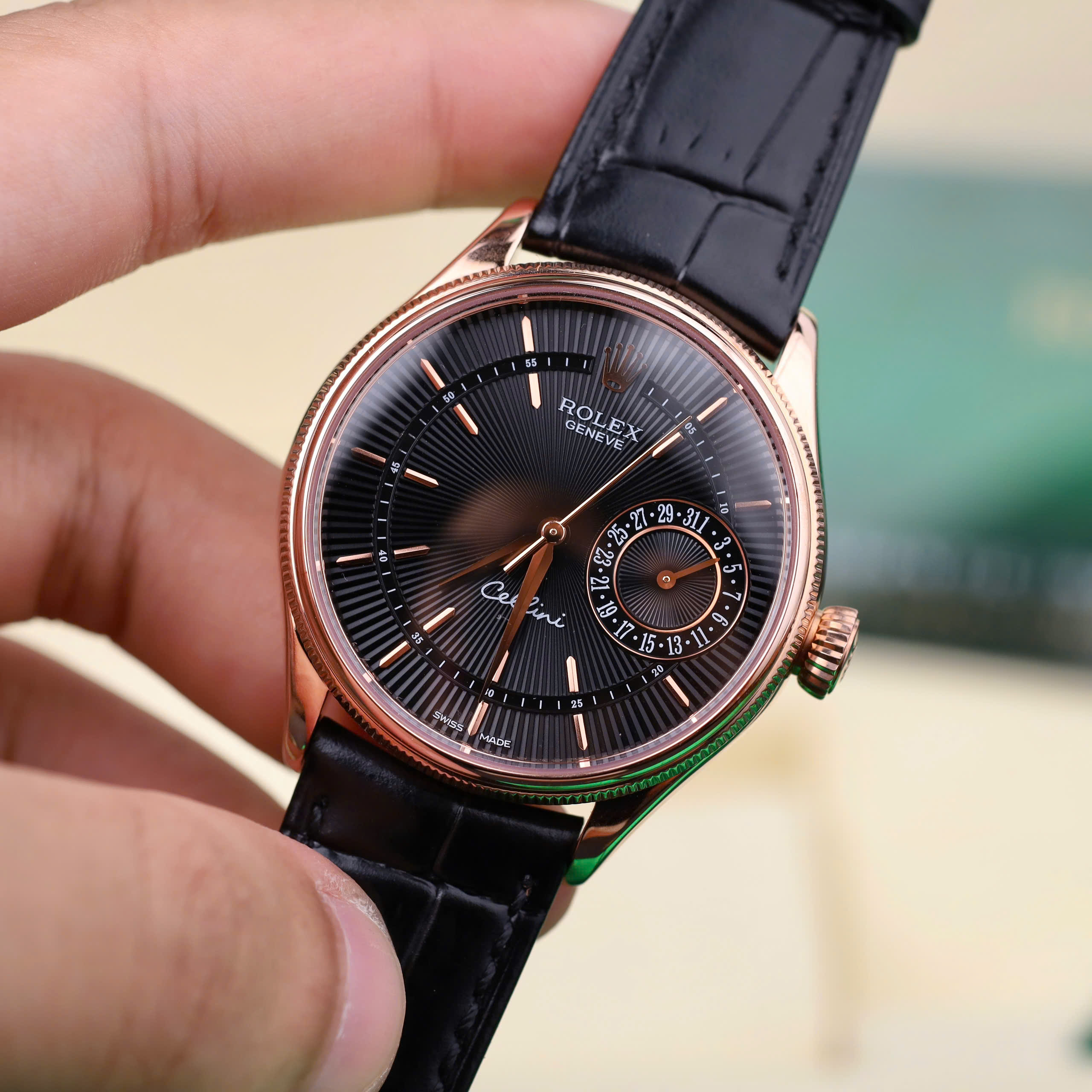 Rolex Cellini Date 50515-0010 High End Replica Watch Rose Gold Wrapped Black Brown Dial Leather Strap 39mm (7)