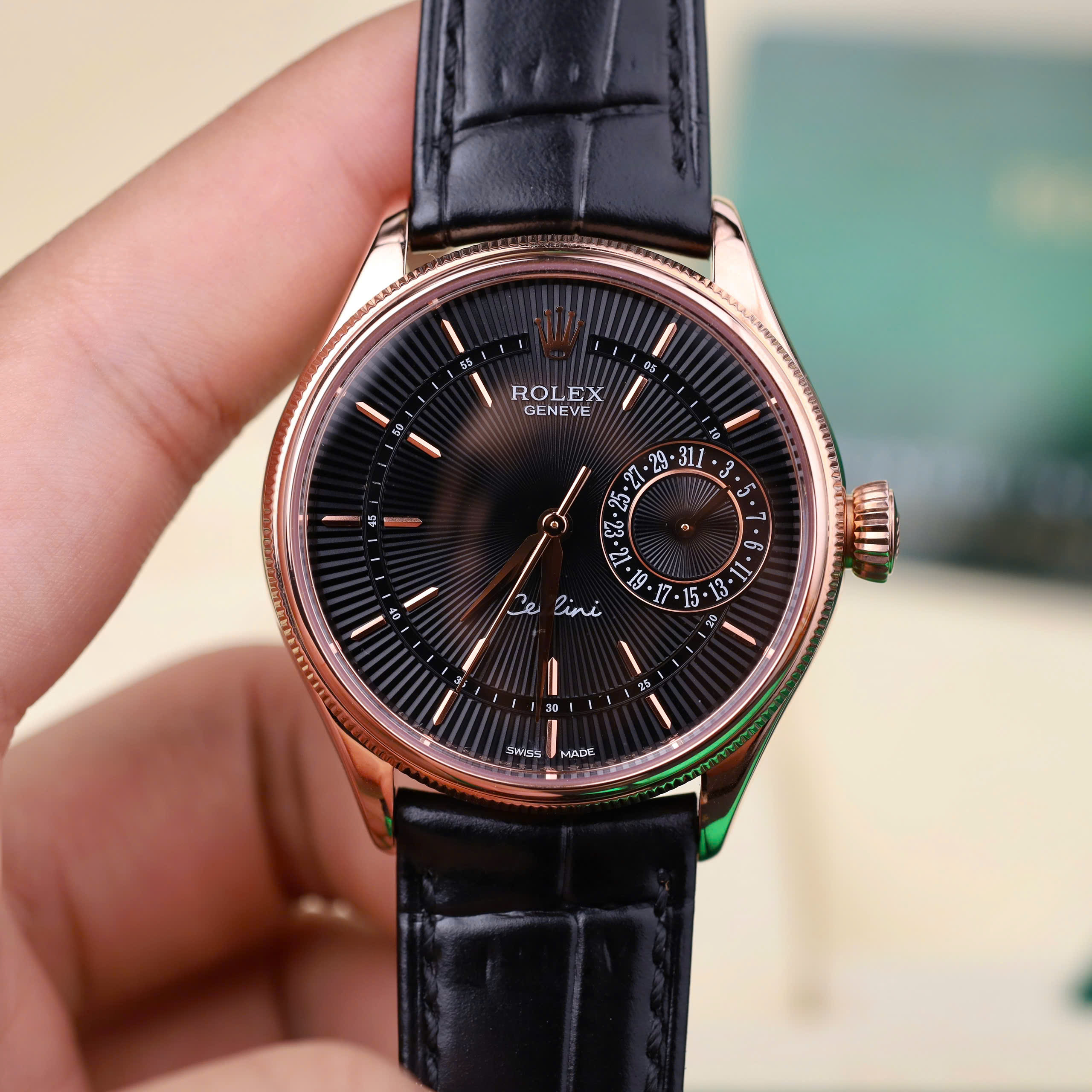 Rolex Cellini Date 50515-0010 High End Replica Watch Rose Gold Wrapped Black Brown Dial Leather Strap 39mm (8)