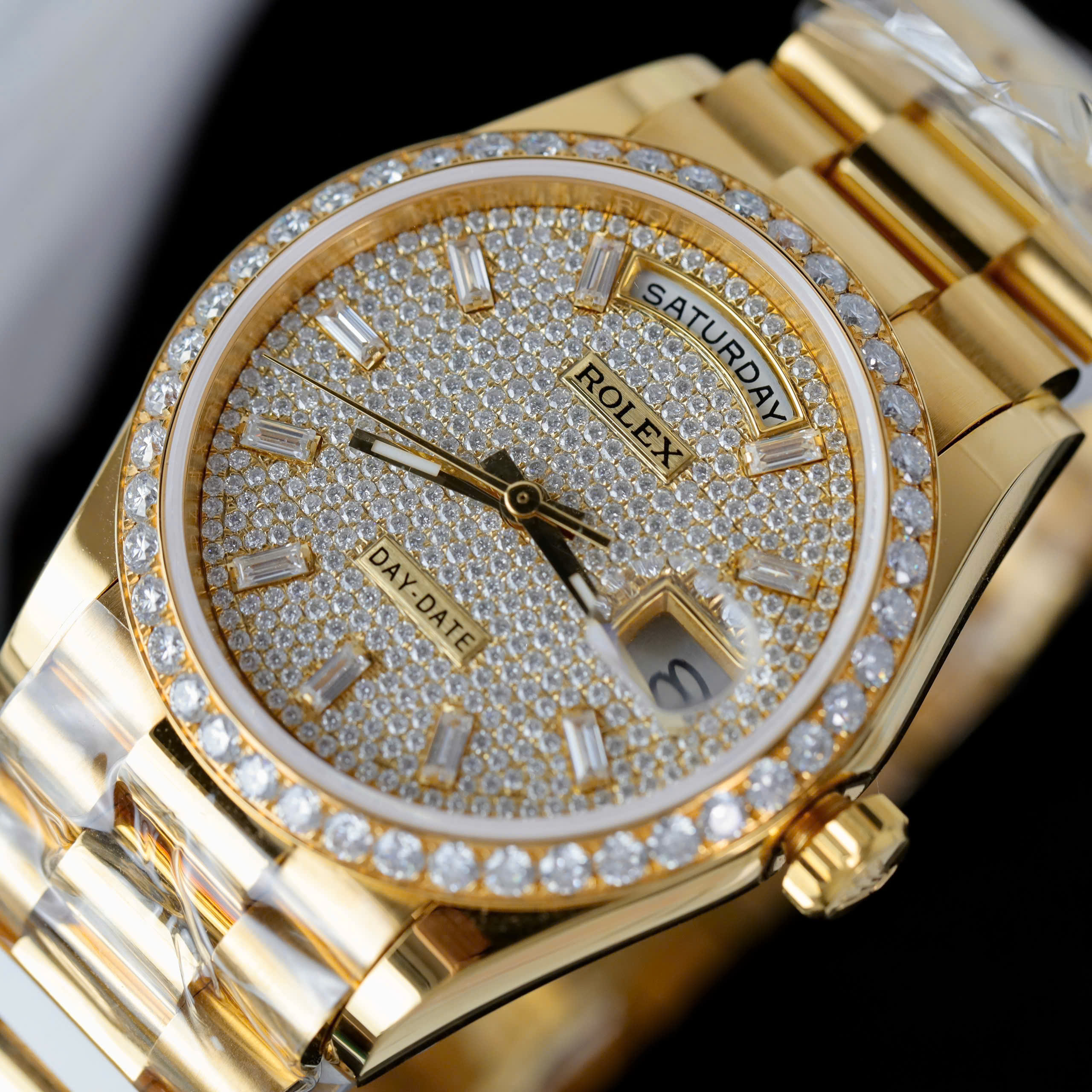 Rolex Day-Date Imitaiton Watch 18K Gold Wrapped Diamond Moissanite Dial & Bezel 36mm (6)
