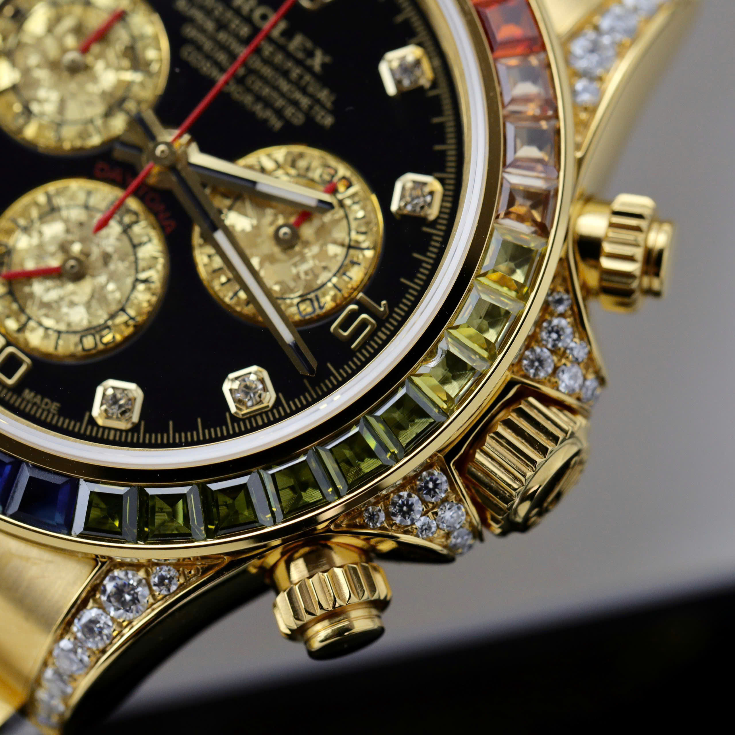 Rolex Daytona Rainbow Replica Watches Gold 18K Wrapped + Gem + Moissanite Black Dial 40mm (5)