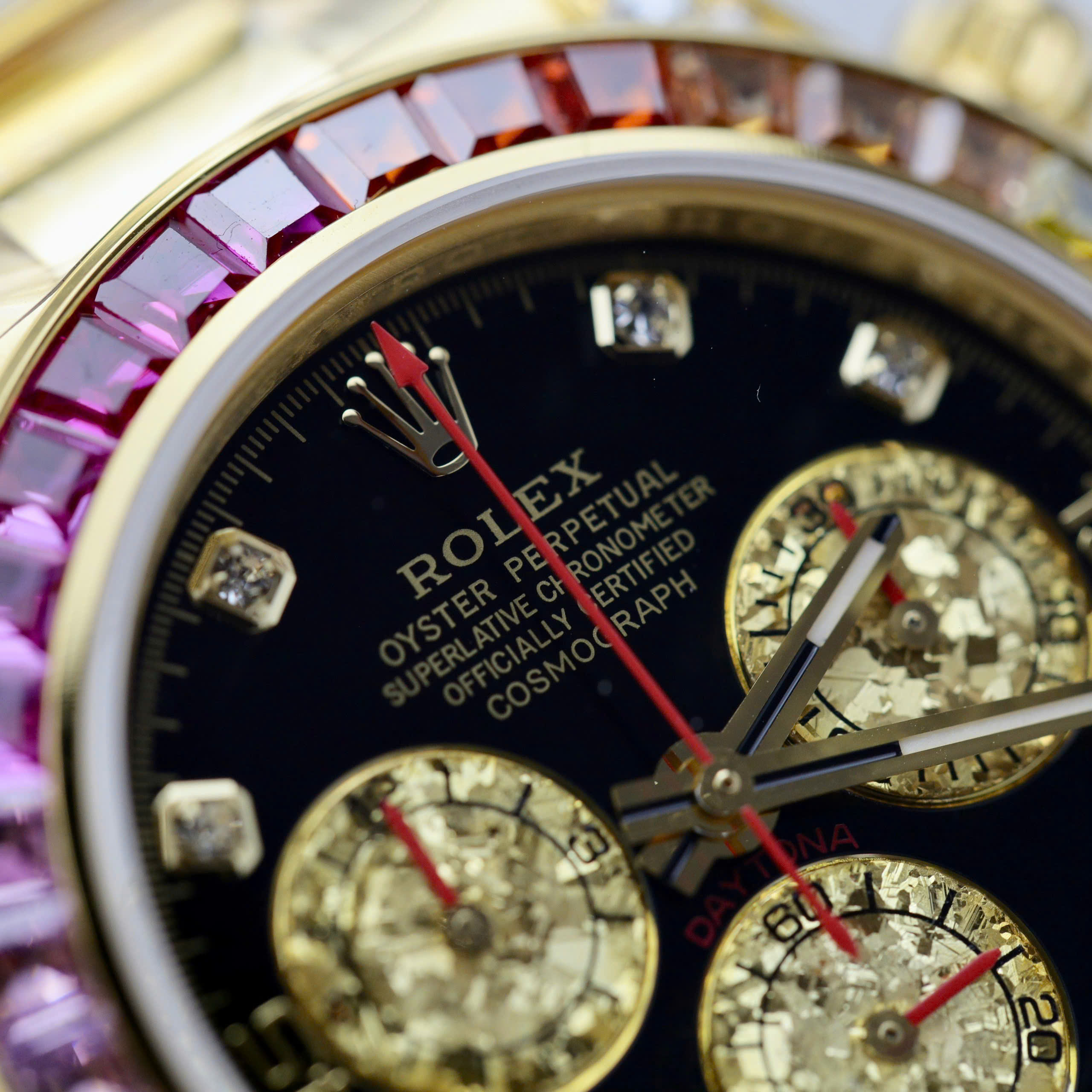 Rolex Daytona Rainbow Replica Watches Gold 18K Wrapped + Gem + Moissanite Black Dial 40mm (6)