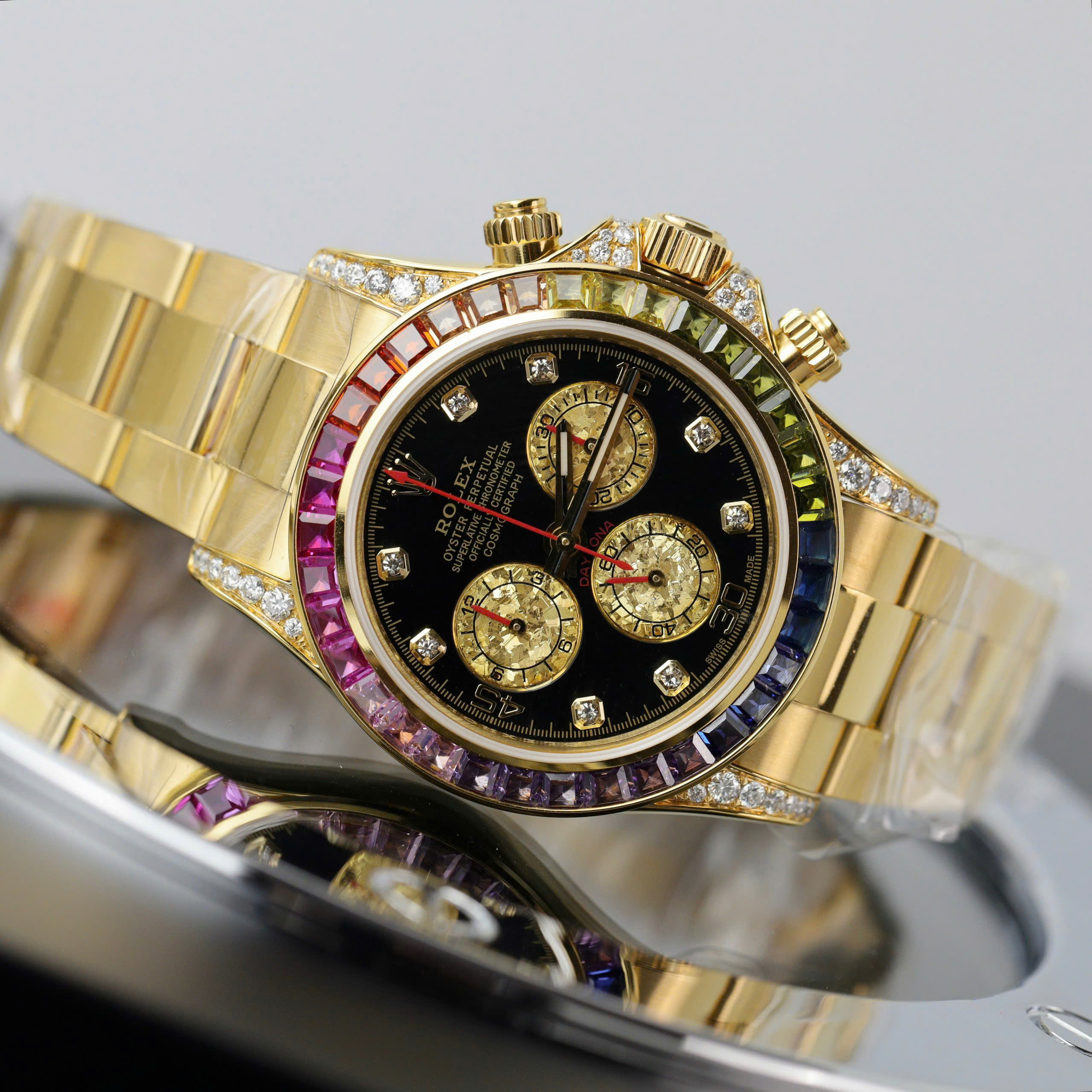 Rolex Daytona Rainbow Replica Watches Gold 18K Wrapped + Gem + Moissanite Black Dial 40mm (8)