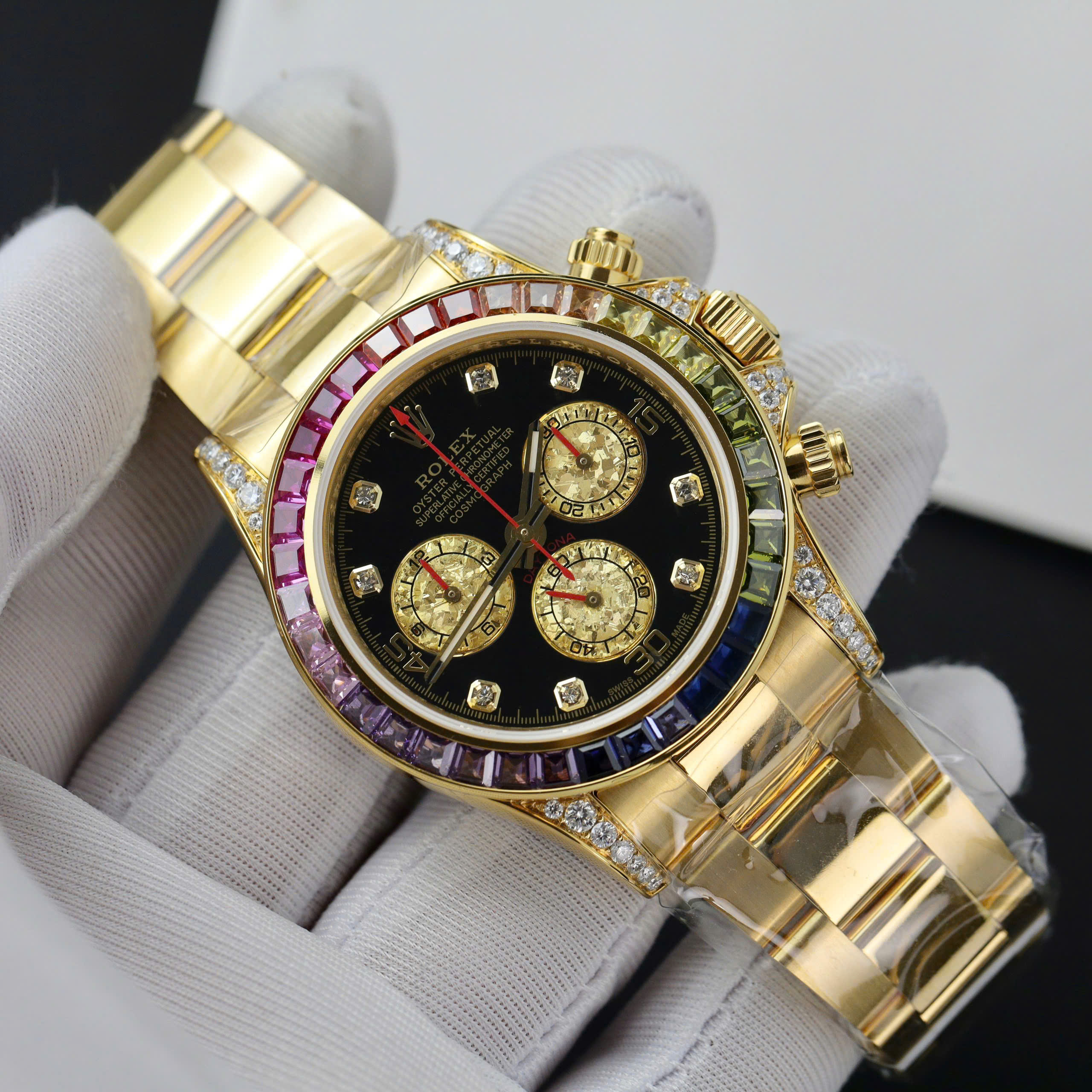 Rolex Daytona Rainbow Replica Watches Gold 18K Wrapped + Gem + Moissanite Black Dial 40mm (9)