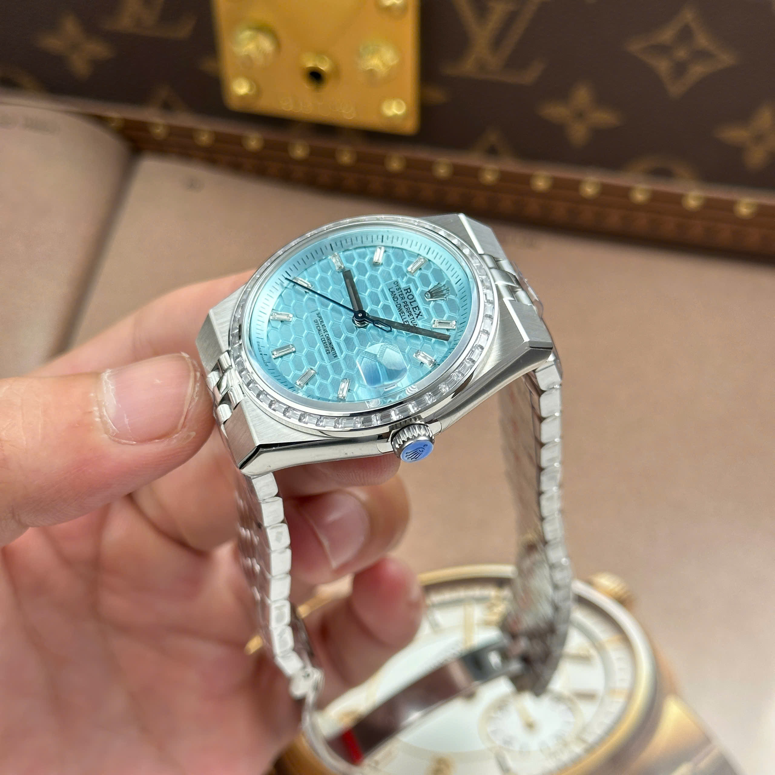 Rolex Land-Dweller Best Quality Replica Watch Ice Blue Dial Rhinestone Baguette Bezel Clean Factory 36mm (10)