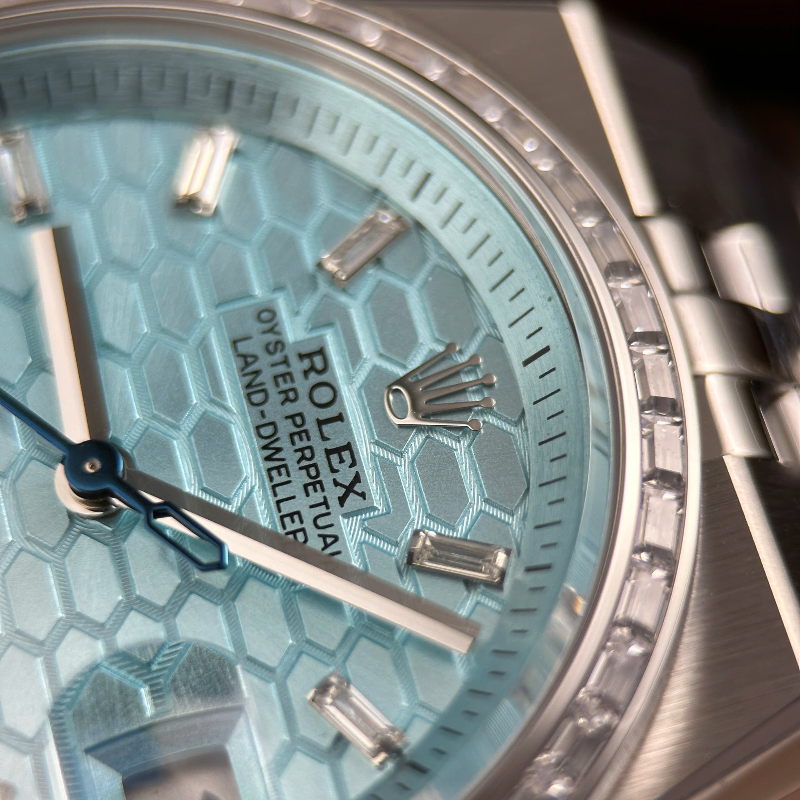 Rolex Land-Dweller Best Quality Replica Watch Ice Blue Dial Rhinestone Baguette Bezel Clean Factory 36mm (7)