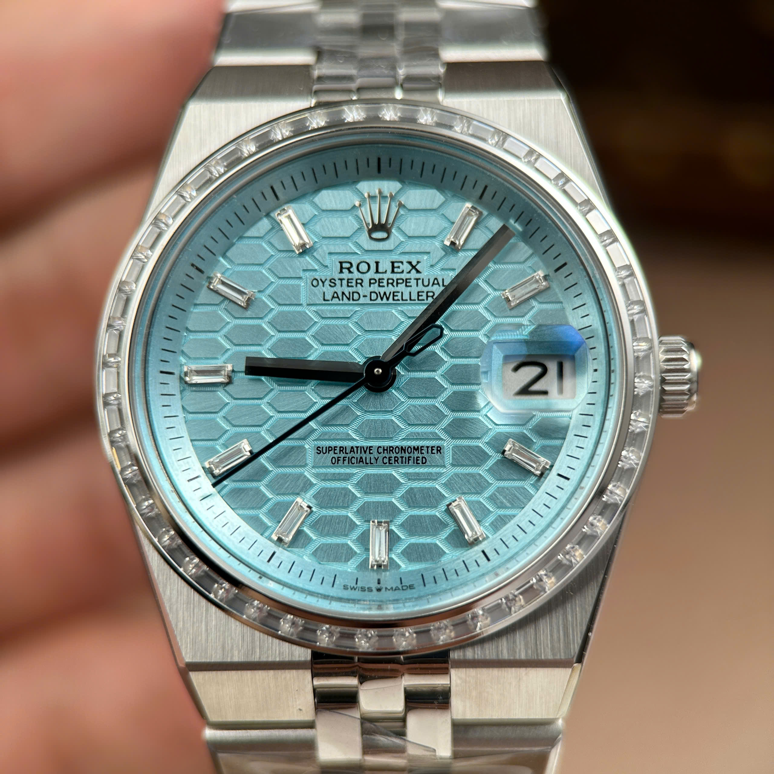 Rolex Land-Dweller Best Quality Replica Watch Ice Blue Dial Rhinestone Baguette Bezel Clean Factory 36mm (8)